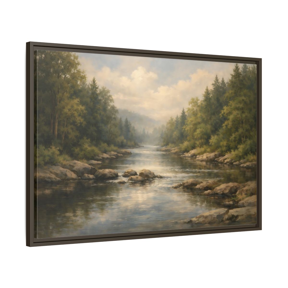 Side Mockup 9. Nature River Landscape Green River shown as stretched canvas wall art