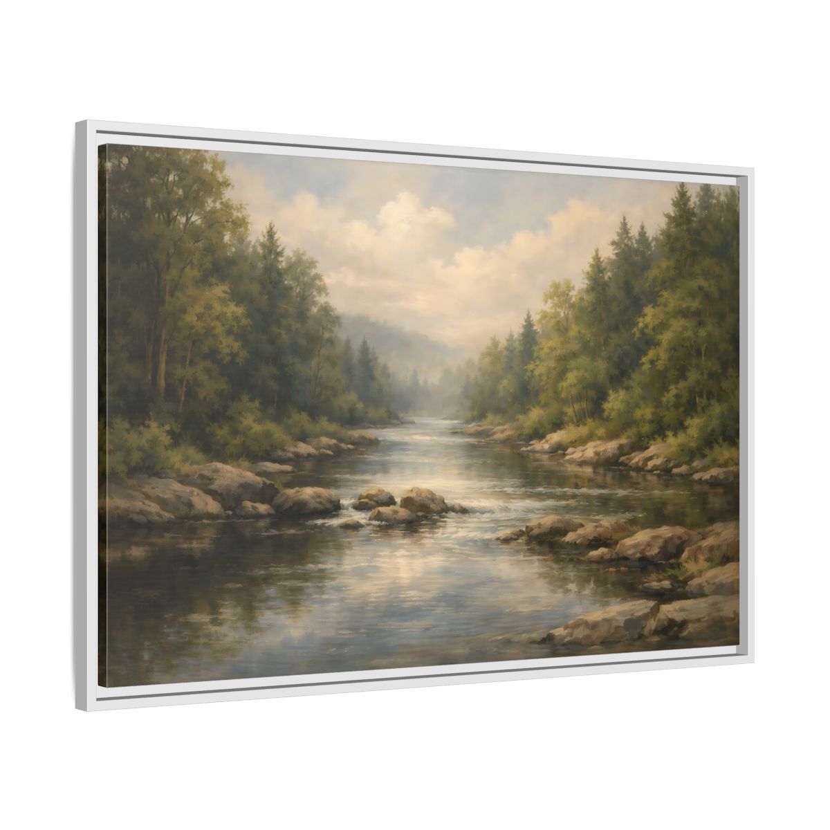 Side Mockup 8. Nature River Landscape Green River shown as stretched canvas wall art