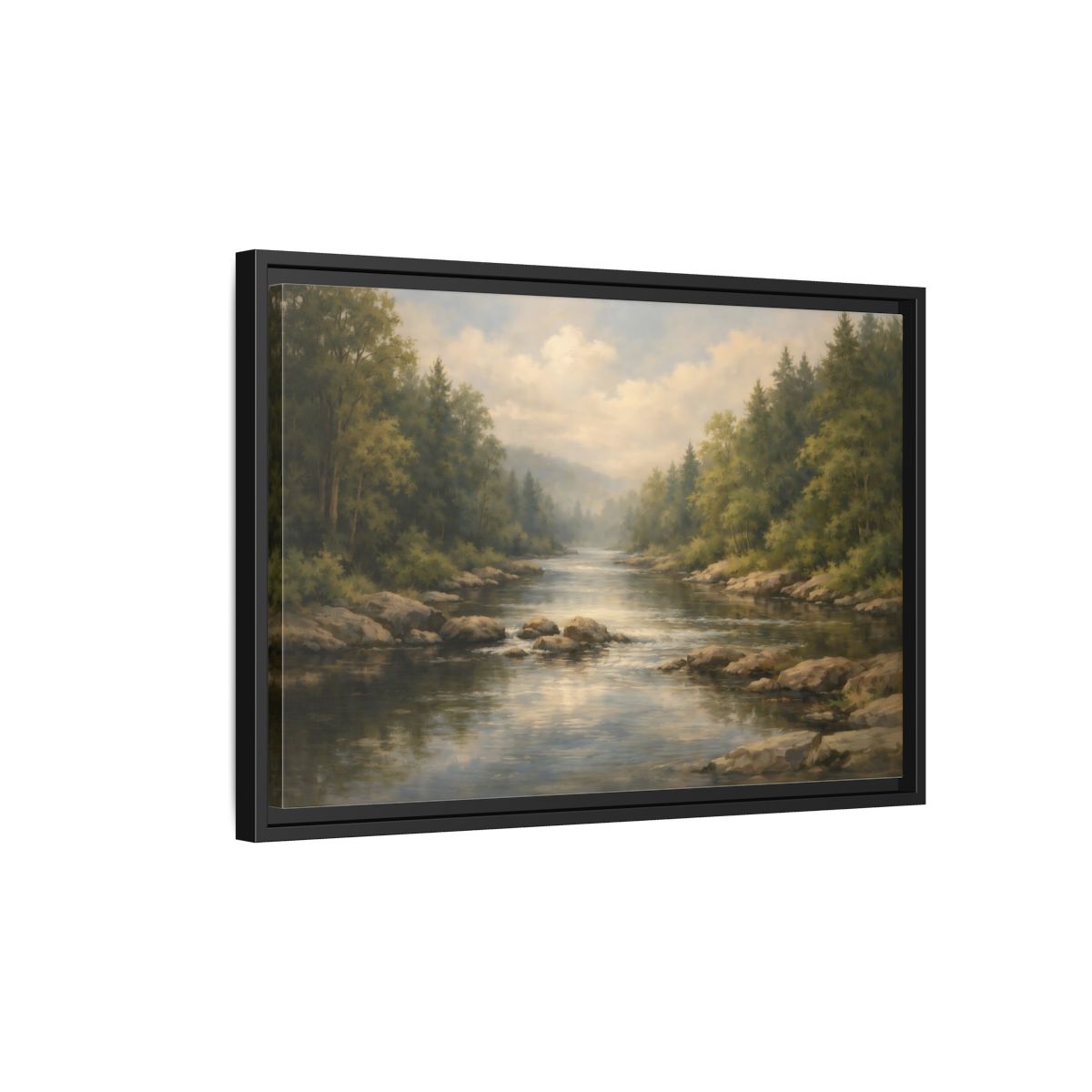 Side Mockup 3. Nature River Landscape Green River shown as stretched canvas wall art