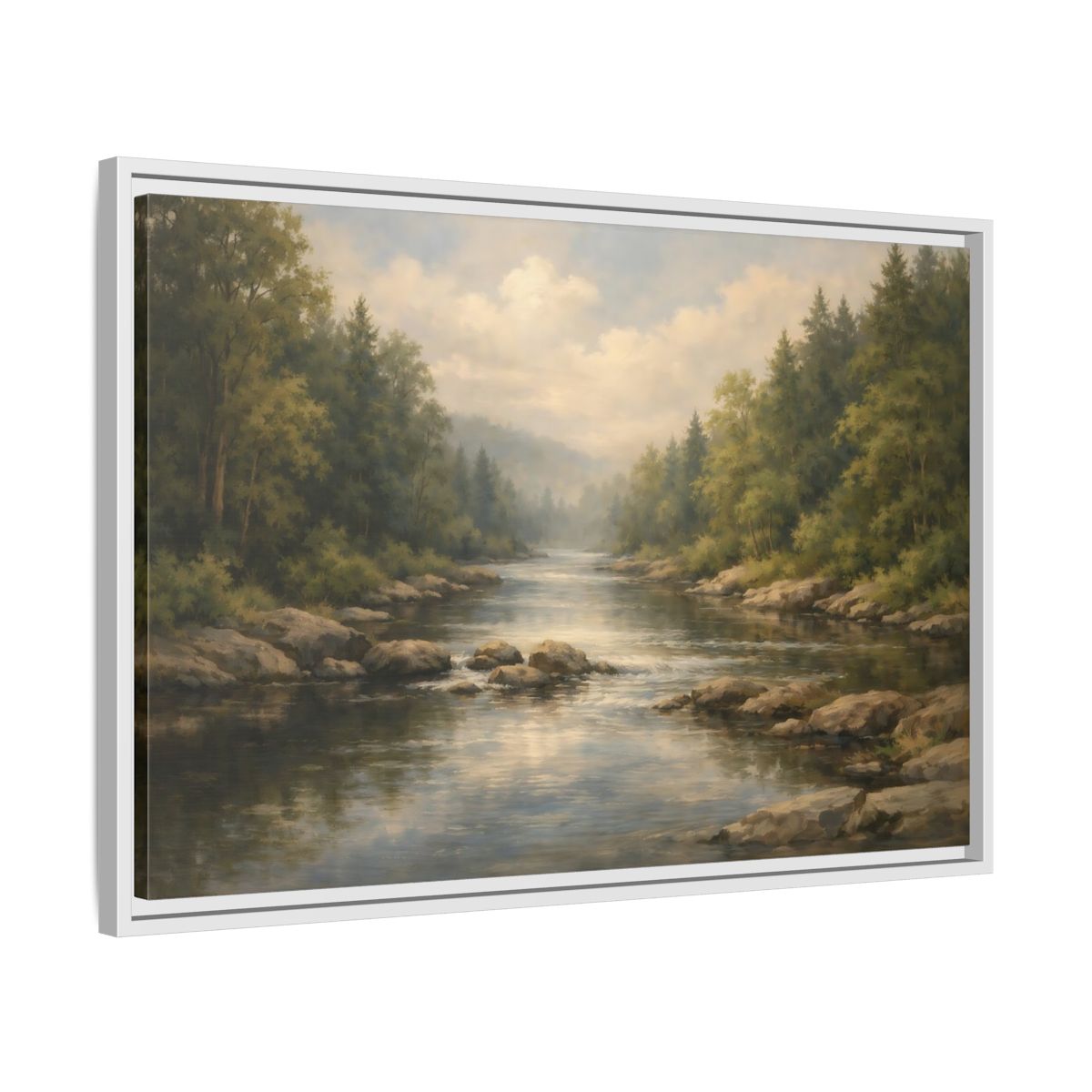 Side Mockup 10. Nature River Landscape Green River shown as stretched canvas wall art