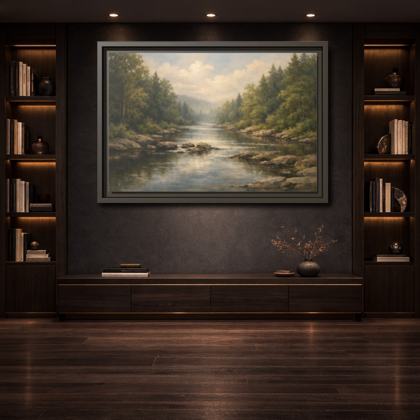 Mockup 3. Nature River Landscape Green River shown as stretched canvas wall art