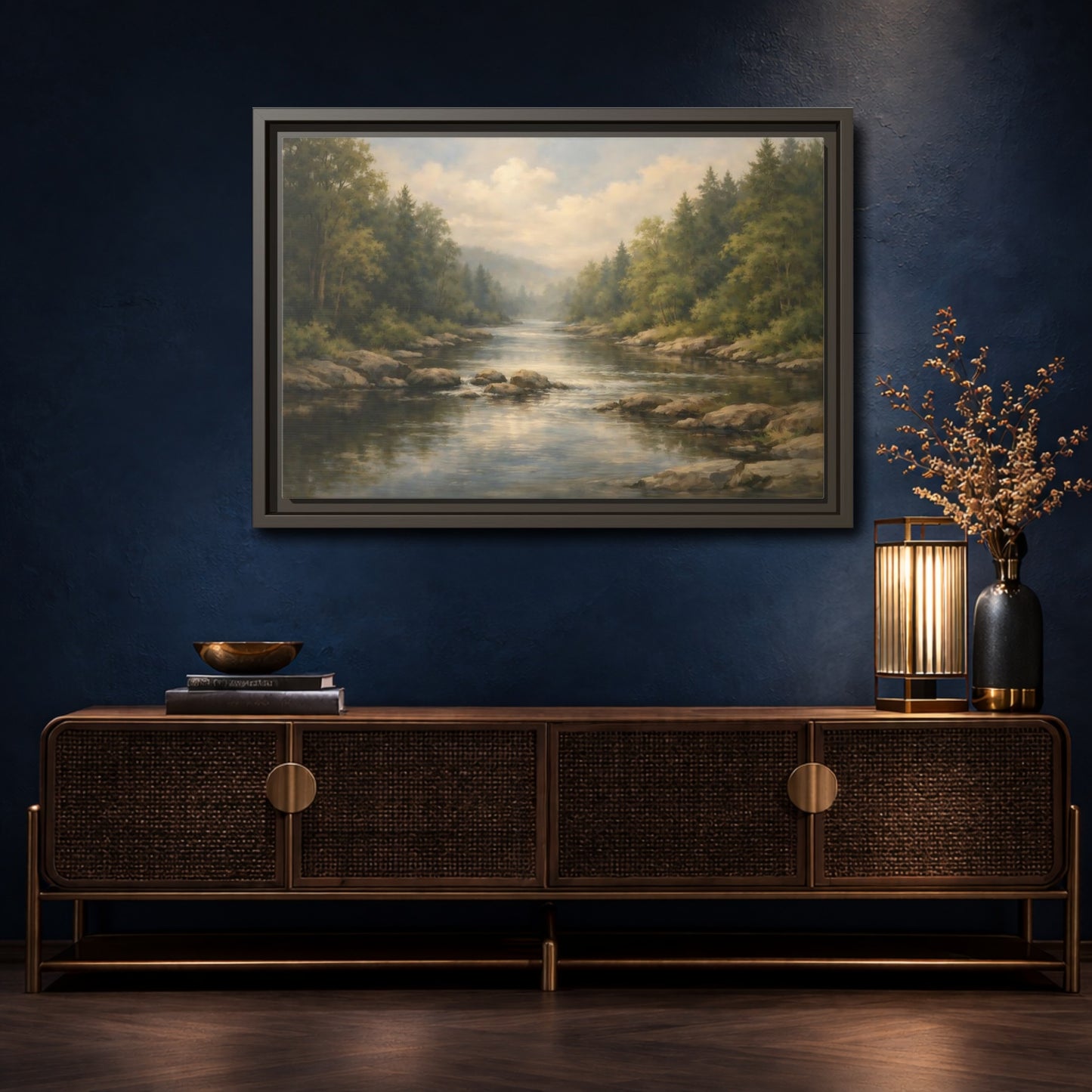 Mockup 4. Nature River Landscape Green River shown as stretched canvas wall art