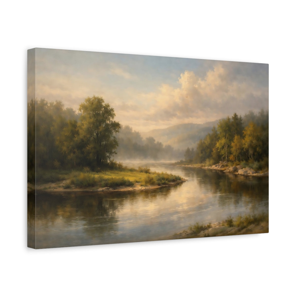 Side Mockup 4. Nature River Landscape Misty River shown as stretched canvas wall art