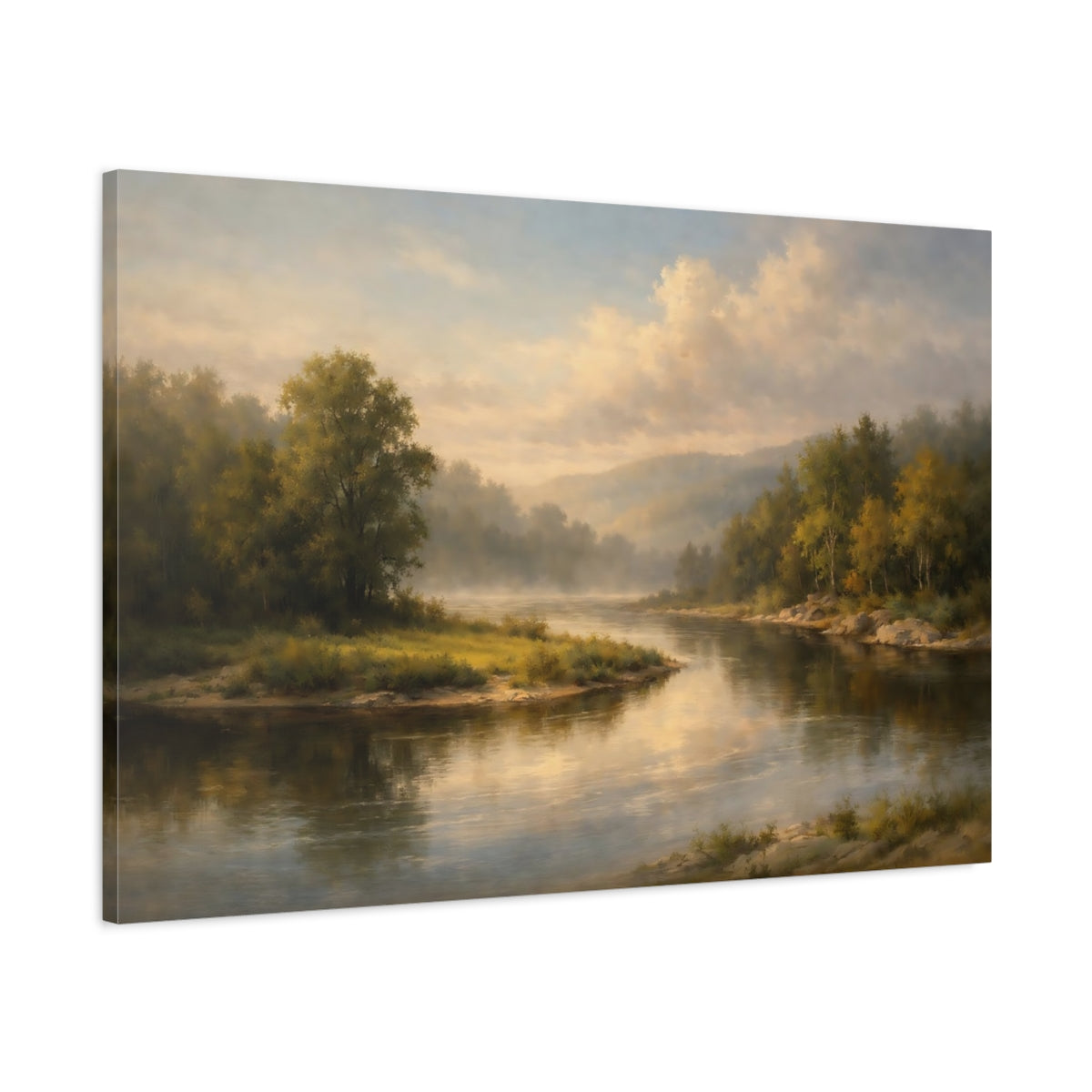 Side Mockup 1. Nature River Landscape Misty River shown as stretched canvas wall art