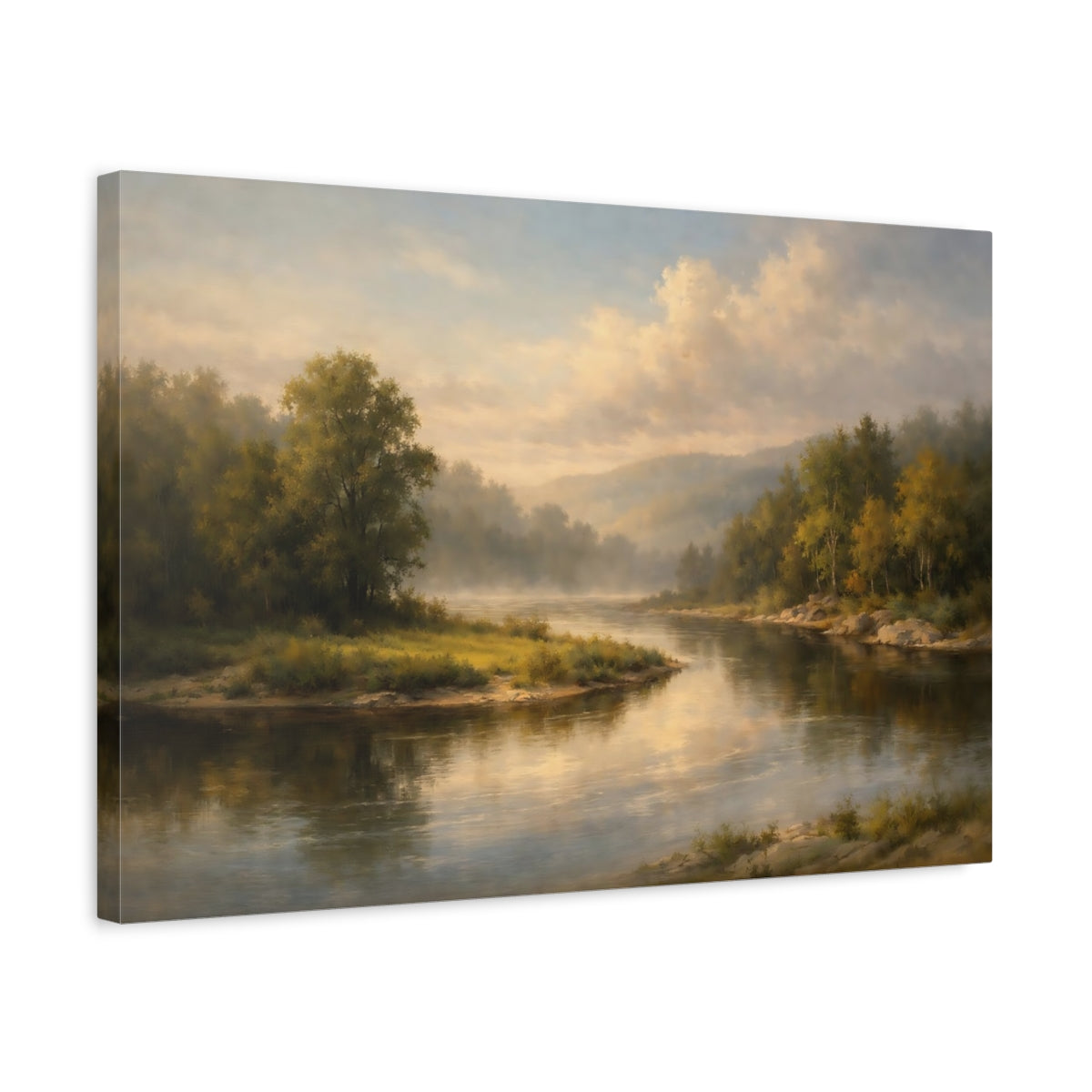 Side Mockup 3. Nature River Landscape Misty River shown as stretched canvas wall art