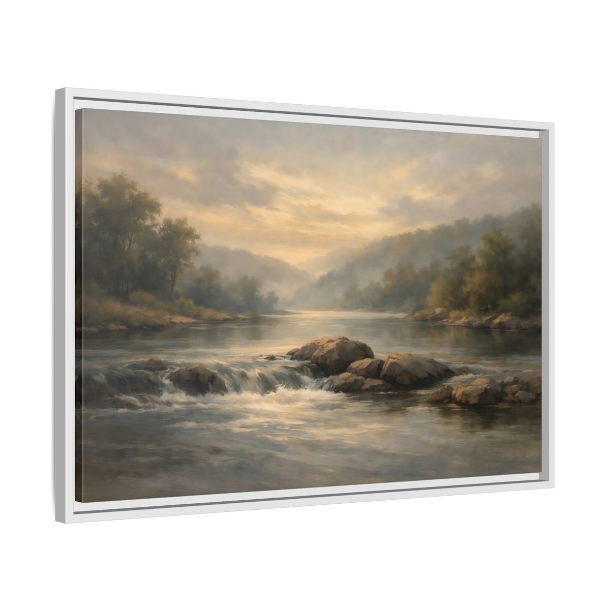 Side Mockup 10. Nature River Landscape Misty River Landscape shown as stretched canvas wall art