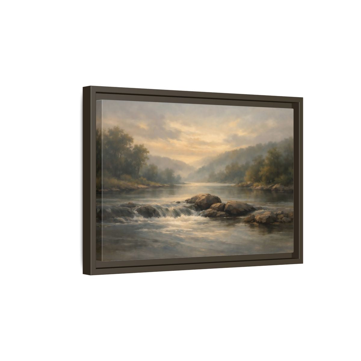 Side Mockup 5. Nature River Landscape Misty River Landscape shown as stretched canvas wall art