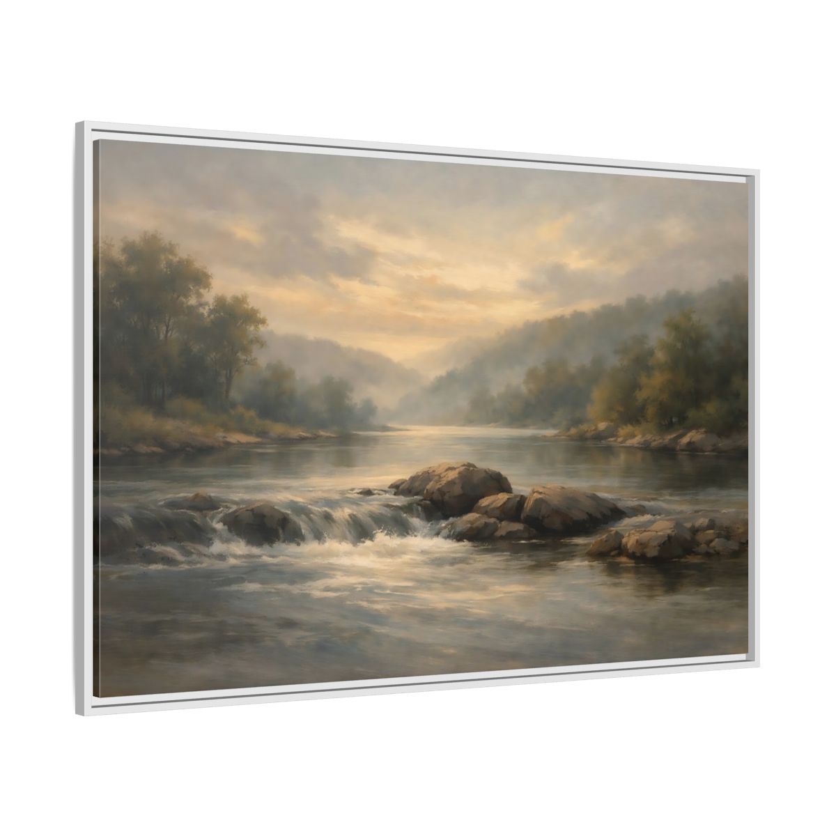 Side Mockup 7. Nature River Landscape Misty River Landscape shown as stretched canvas wall art