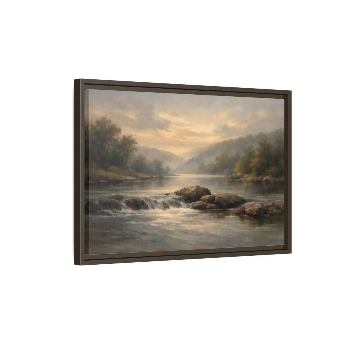 Side Mockup 2. Nature River Landscape Misty River Landscape shown as stretched canvas wall art