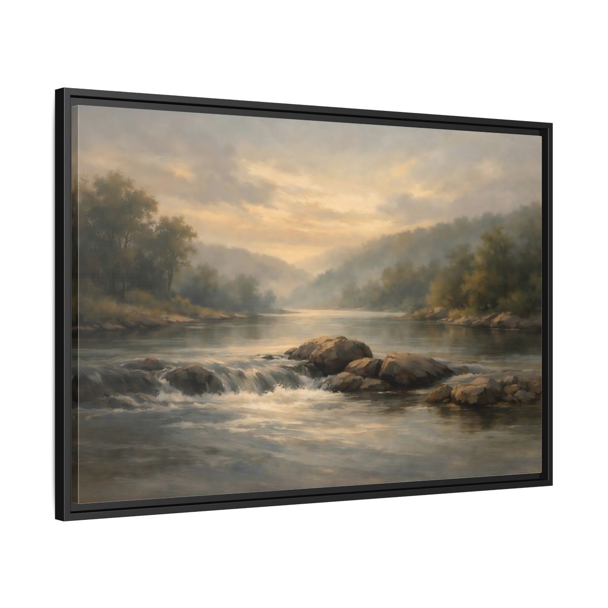Side Mockup 13. Nature River Landscape Misty River Landscape shown as stretched canvas wall art