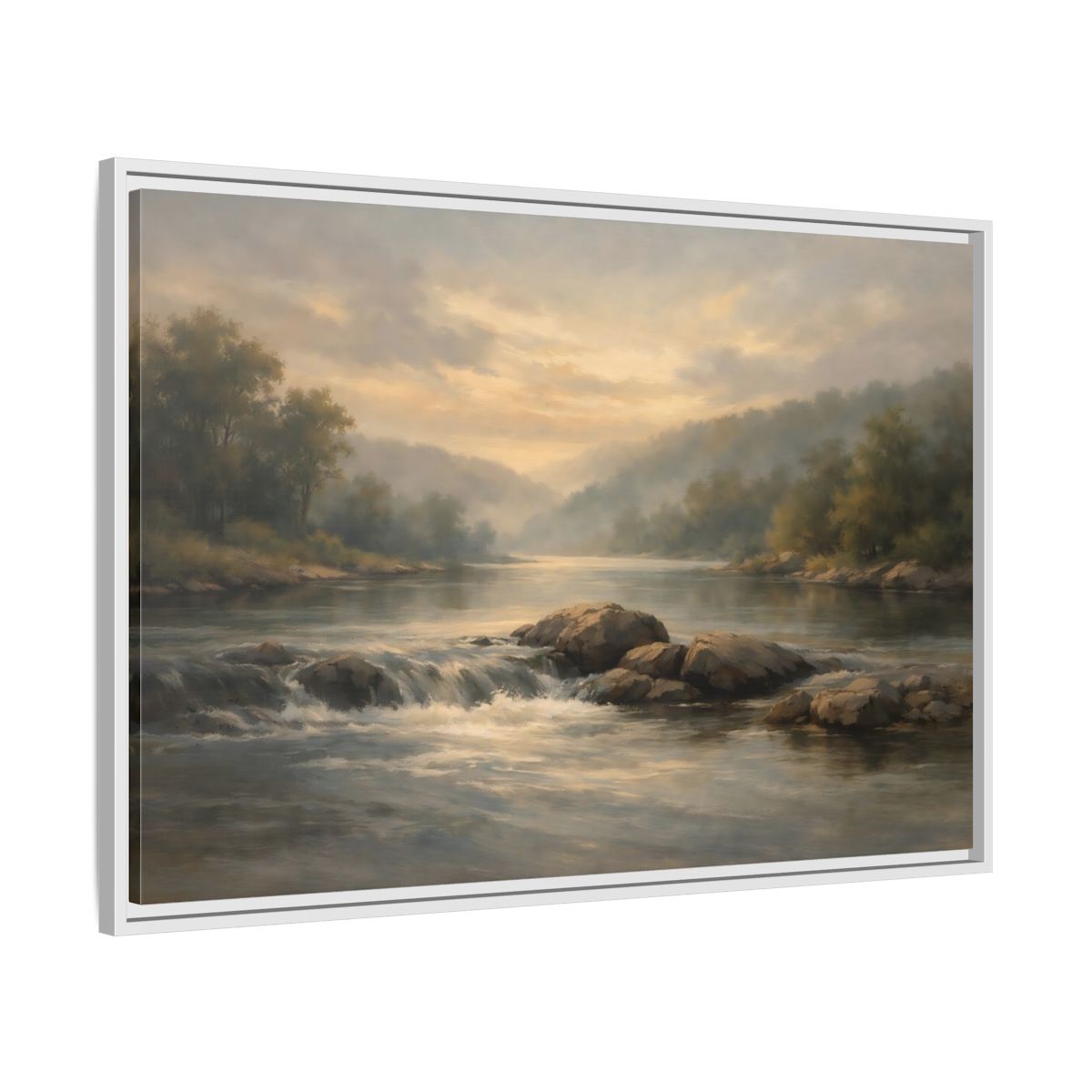 Side Mockup 8. Nature River Landscape Misty River Landscape shown as stretched canvas wall art