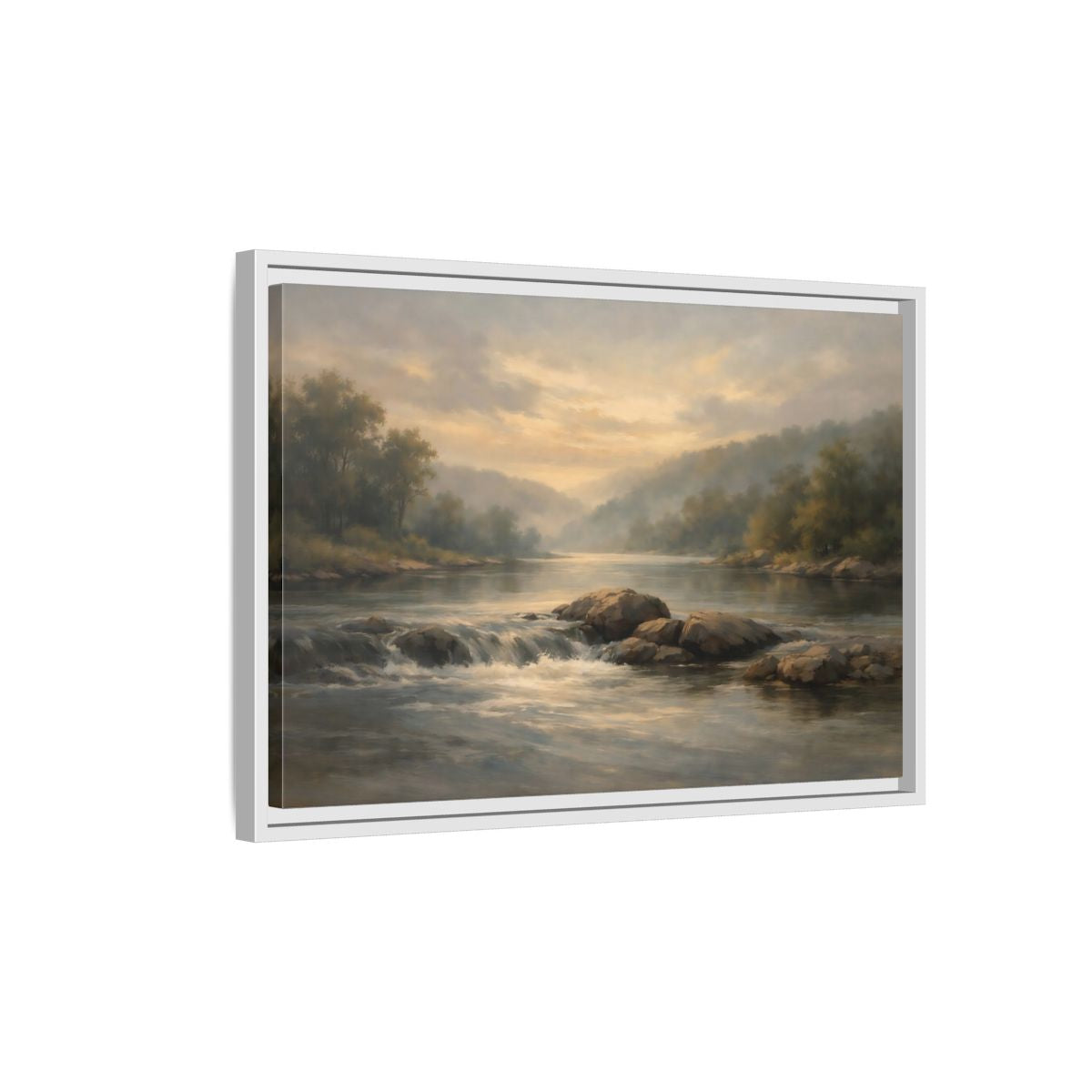 Side Mockup 1. Nature River Landscape Misty River Landscape shown as stretched canvas wall art