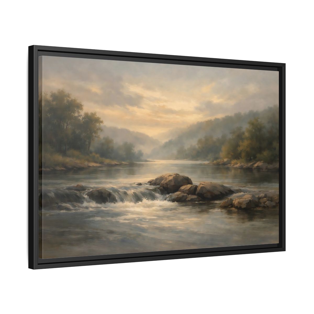 Side Mockup 14. Nature River Landscape Misty River Landscape shown as stretched canvas wall art