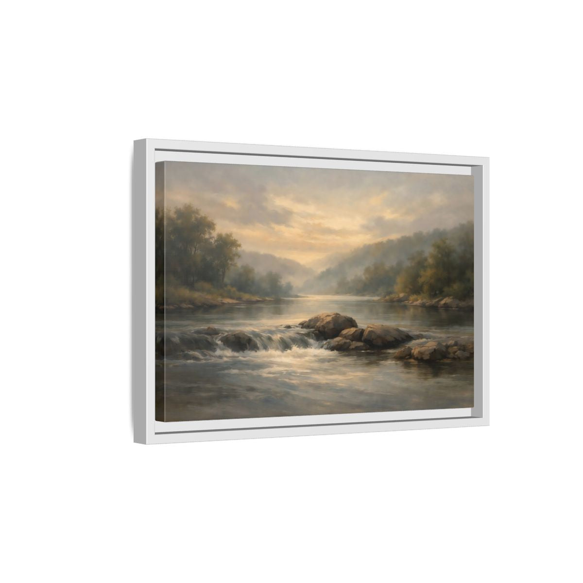 Side Mockup 4. Nature River Landscape Misty River Landscape shown as stretched canvas wall art