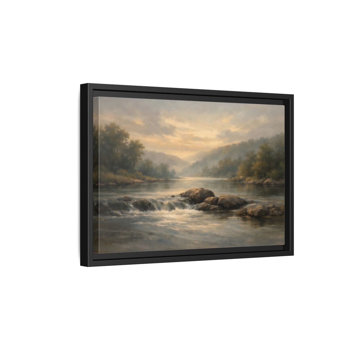 Side Mockup 6. Nature River Landscape Misty River Landscape shown as stretched canvas wall art