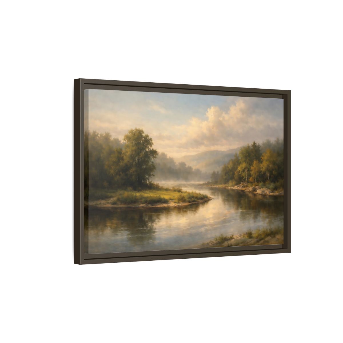 Side Mockup 2. Nature River Landscape Misty River shown as stretched canvas wall art