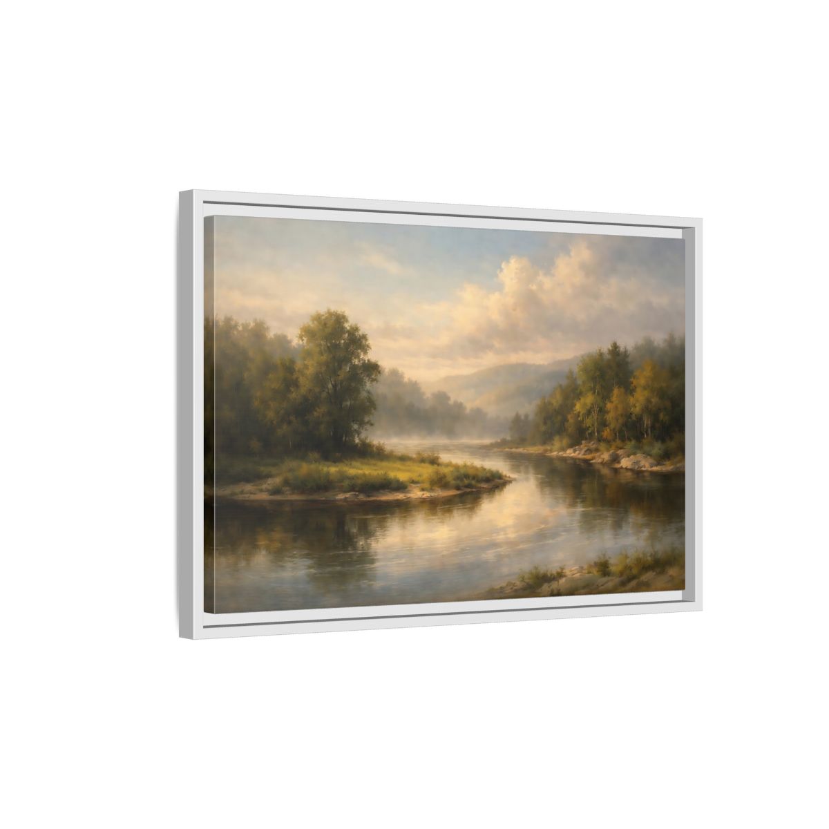 Side Mockup 1. Nature River Landscape Misty River shown as stretched canvas wall art