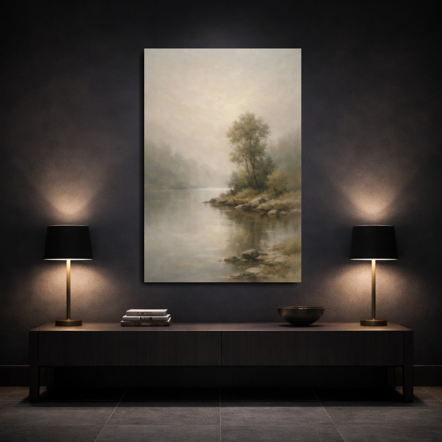 Mockup 2. Nature River Landscape Misty River Landscape shown as stretched canvas wall art