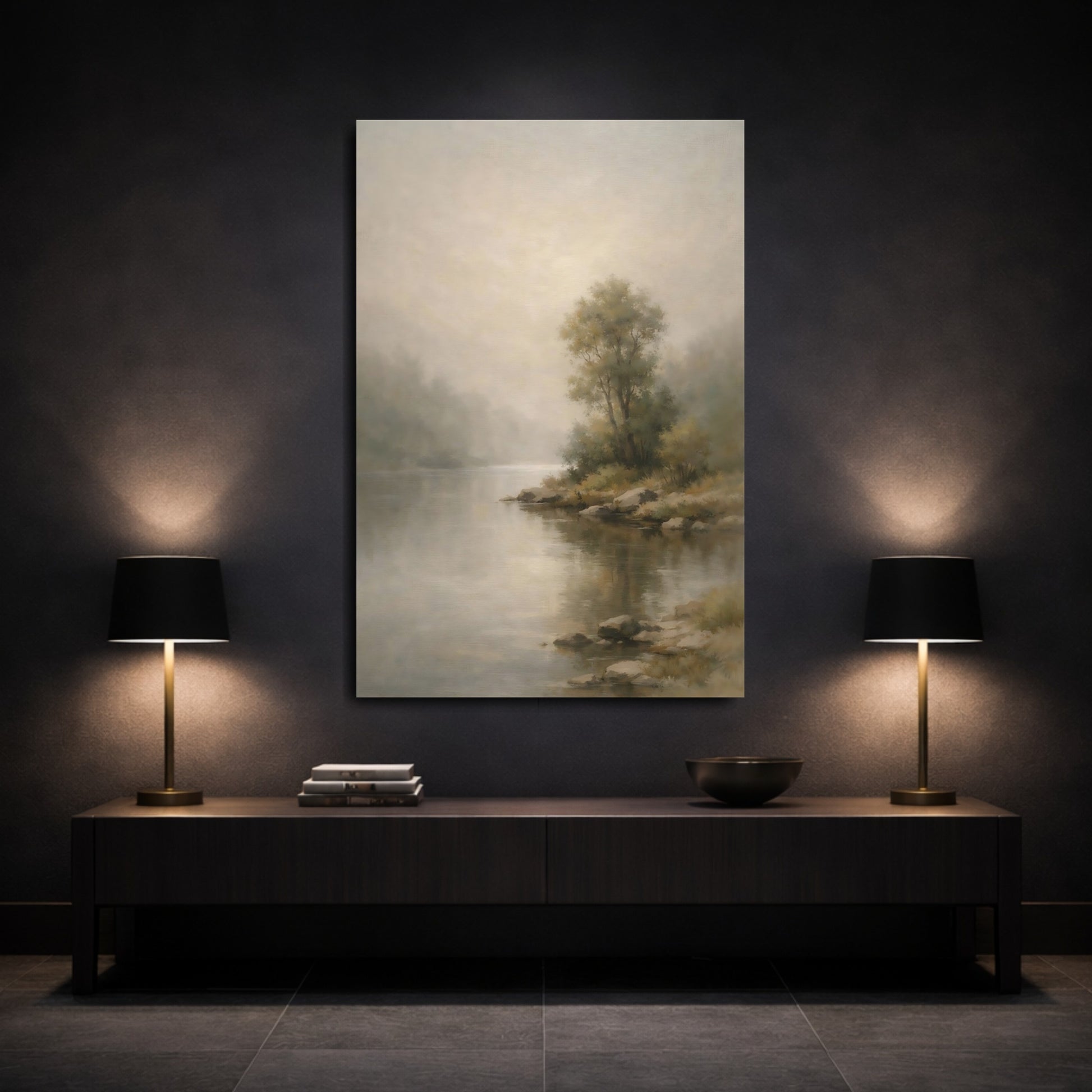 Mockup 2. Nature River Landscape Misty River Landscape shown as stretched canvas wall art
