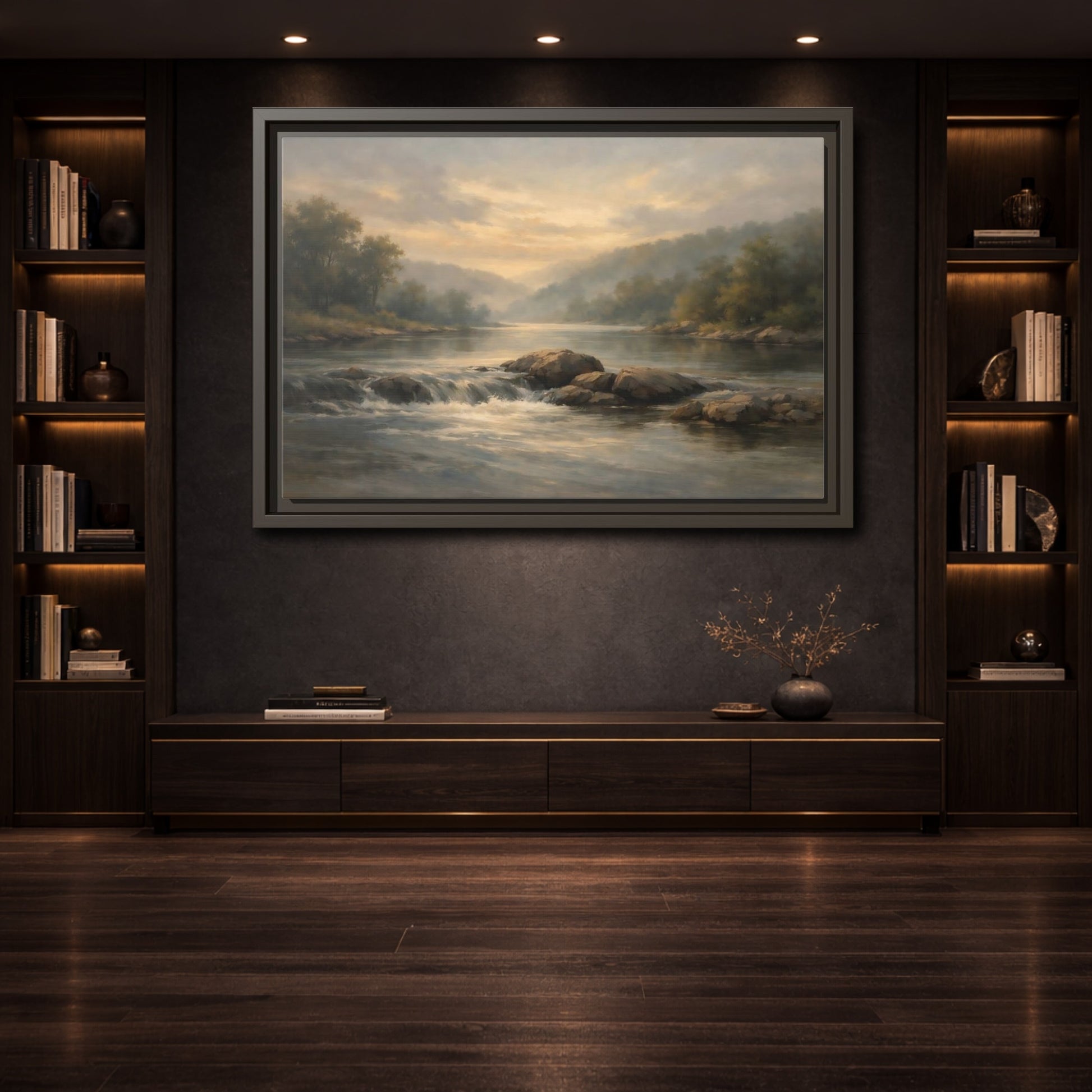 Mockup 3. Nature River Landscape Misty River Landscape shown as stretched canvas wall art
