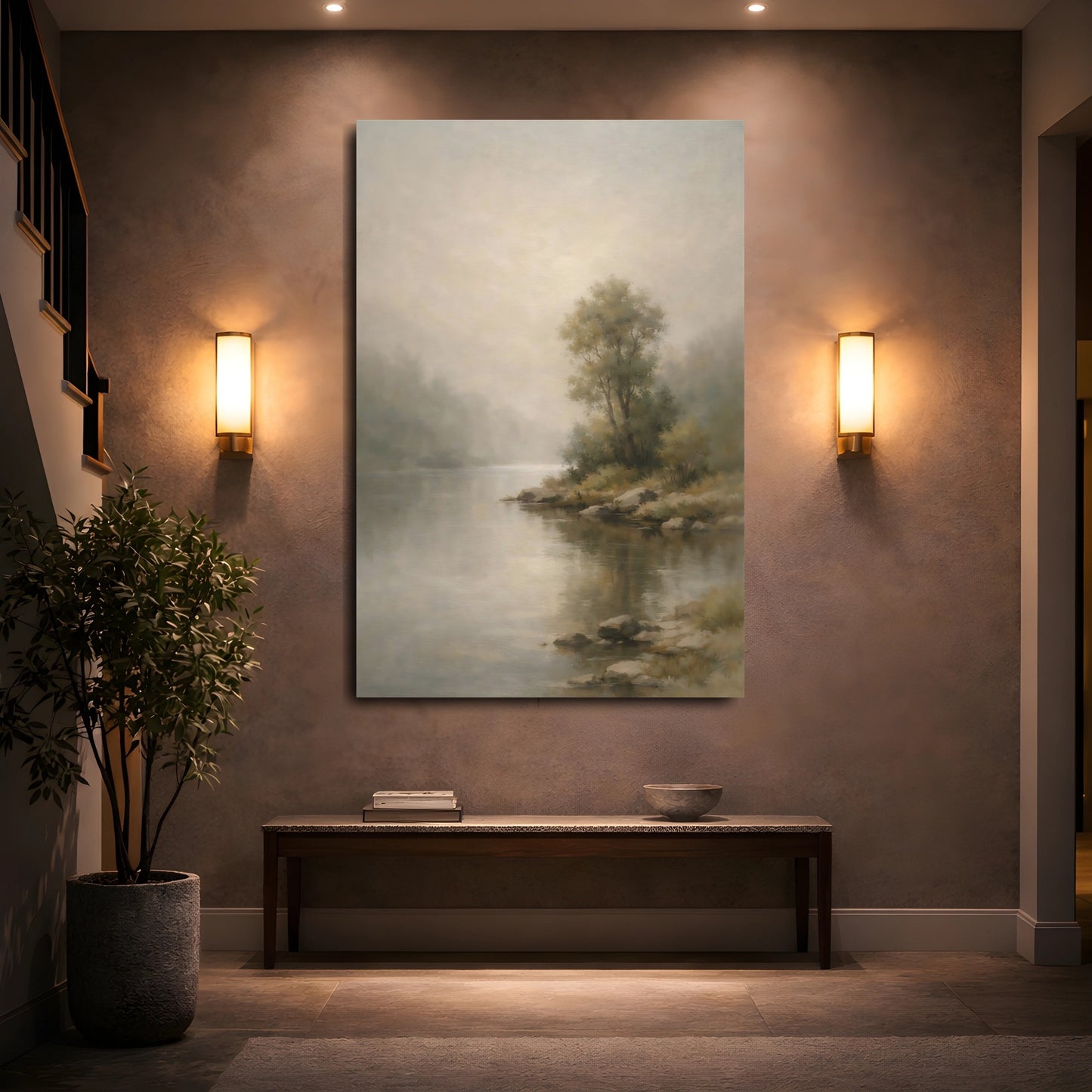 Mockup 4. Nature River Landscape Misty River Landscape shown as stretched canvas wall art