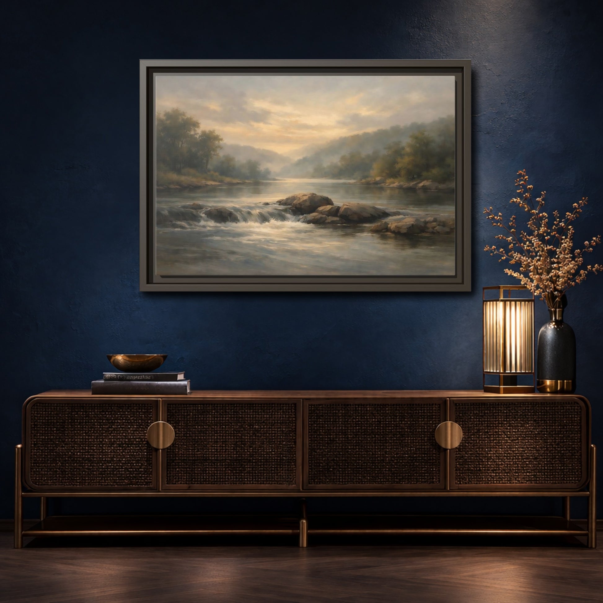 Mockup 4. Nature River Landscape Misty River Landscape shown as stretched canvas wall art