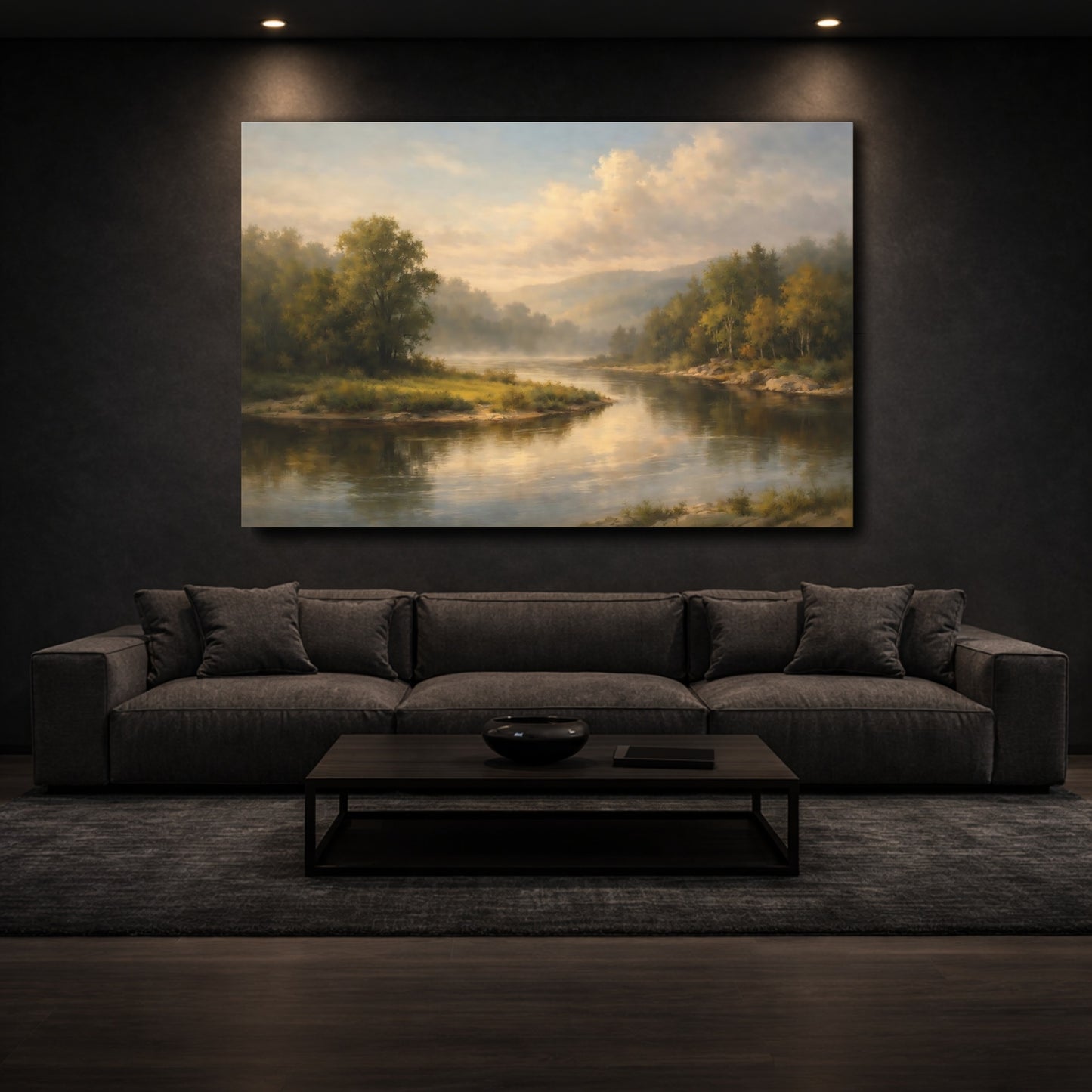 Mockup 2. Nature River Landscape Misty River shown as stretched canvas wall art