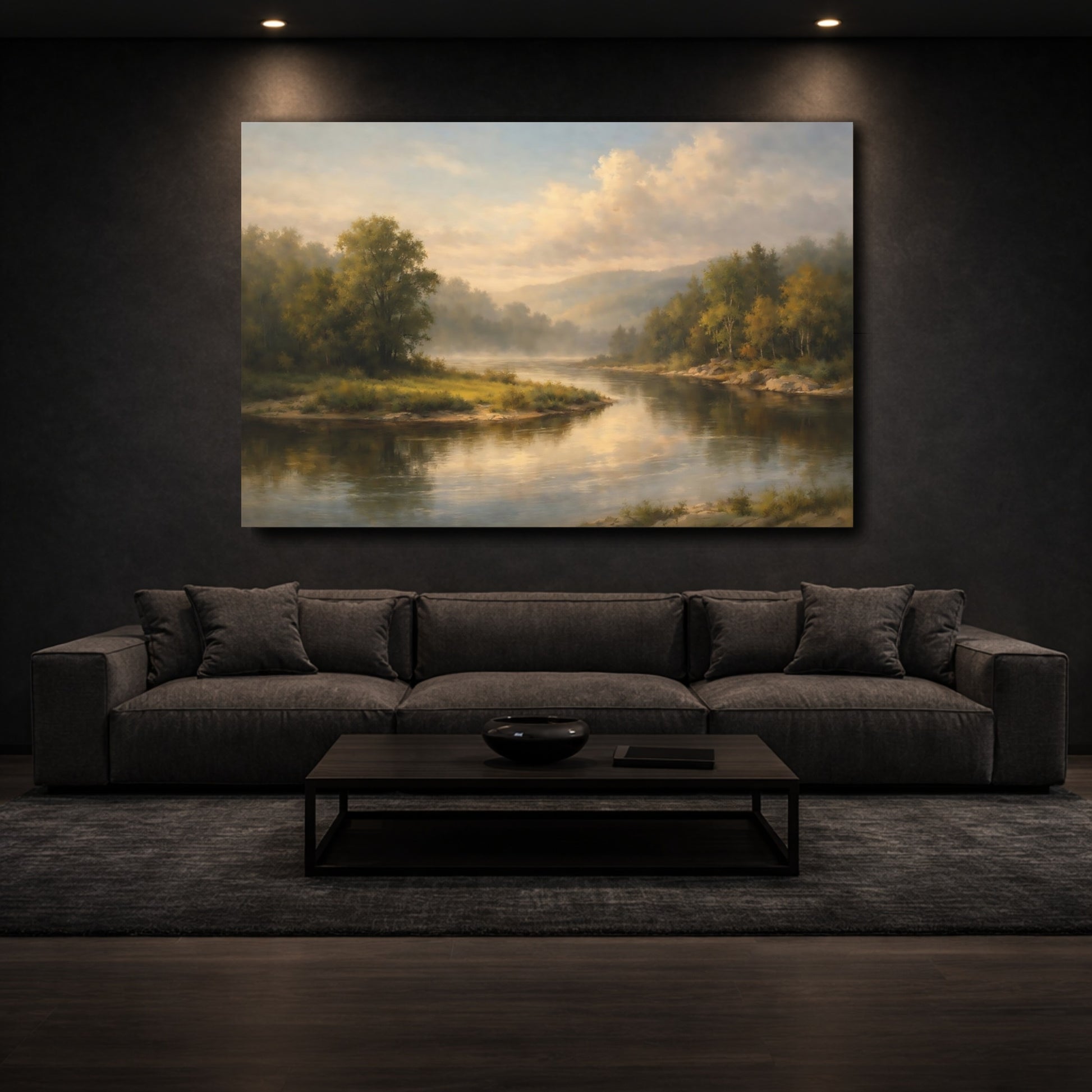 Mockup 2. Nature River Landscape Misty River shown as stretched canvas wall art
