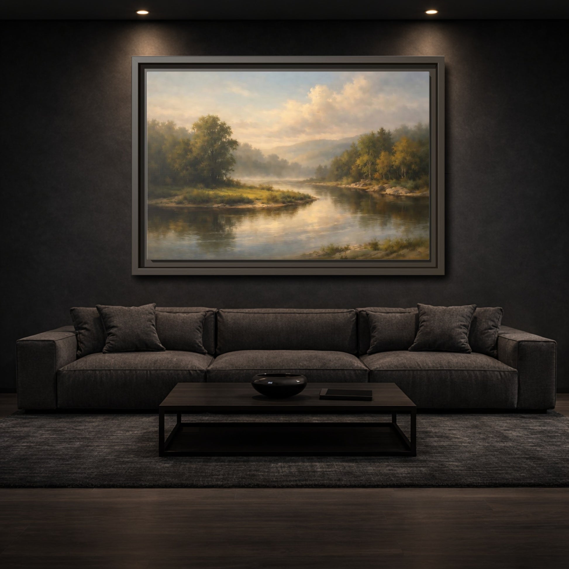 Mockup 2. Nature River Landscape Misty River shown as stretched canvas wall art