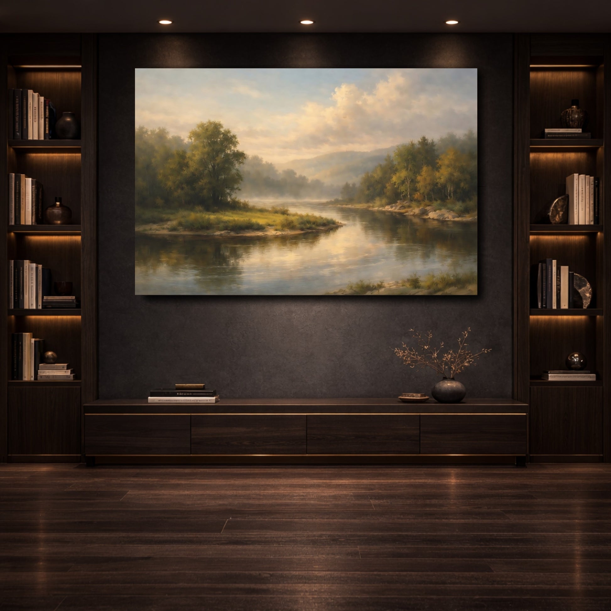 Mockup 3. Nature River Landscape Misty River shown as stretched canvas wall art