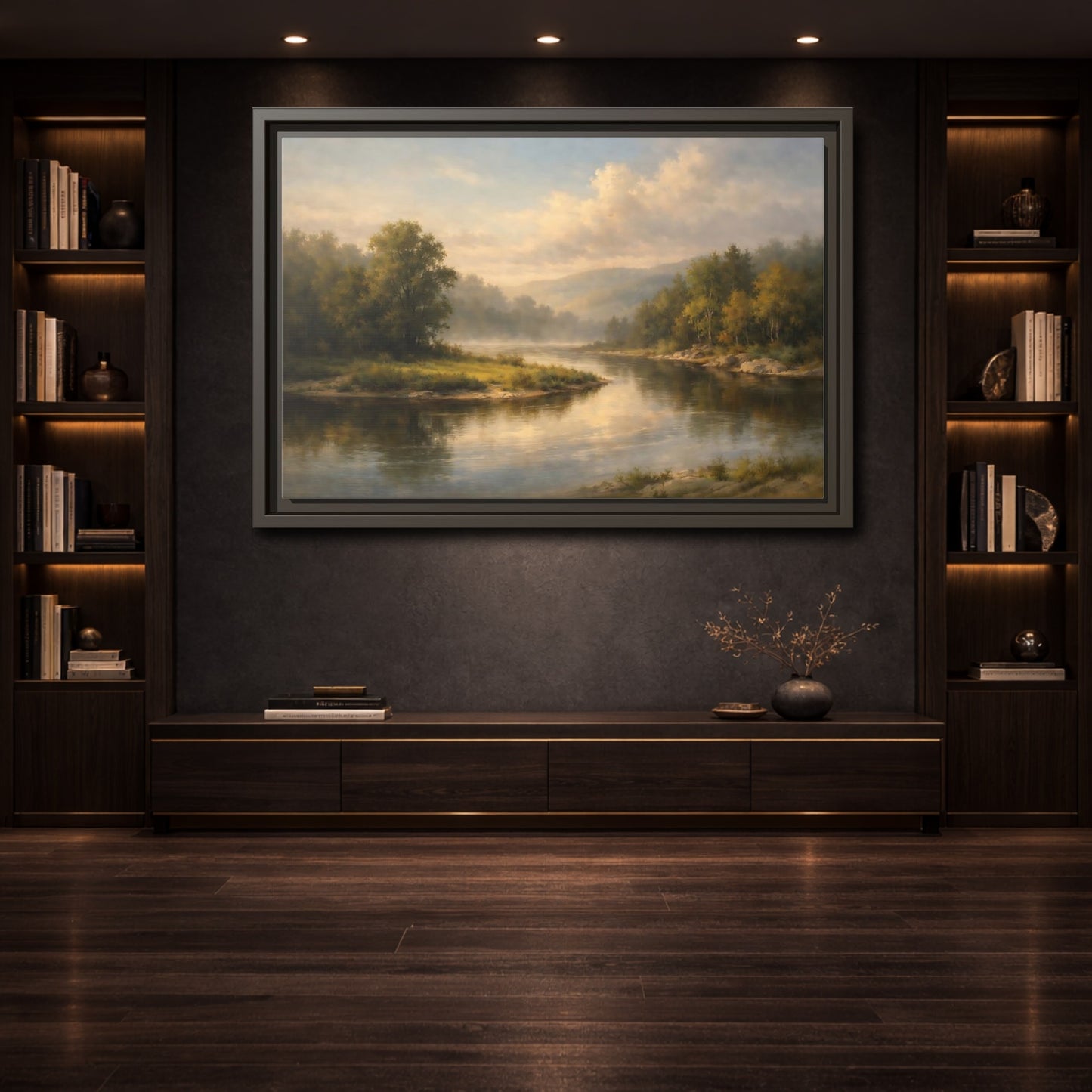 Mockup 3. Nature River Landscape Misty River shown as stretched canvas wall art