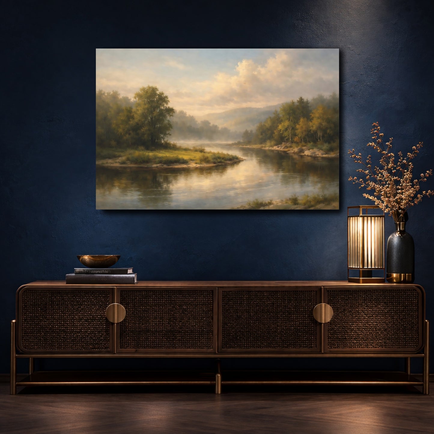 Mockup 4. Nature River Landscape Misty River shown as stretched canvas wall art