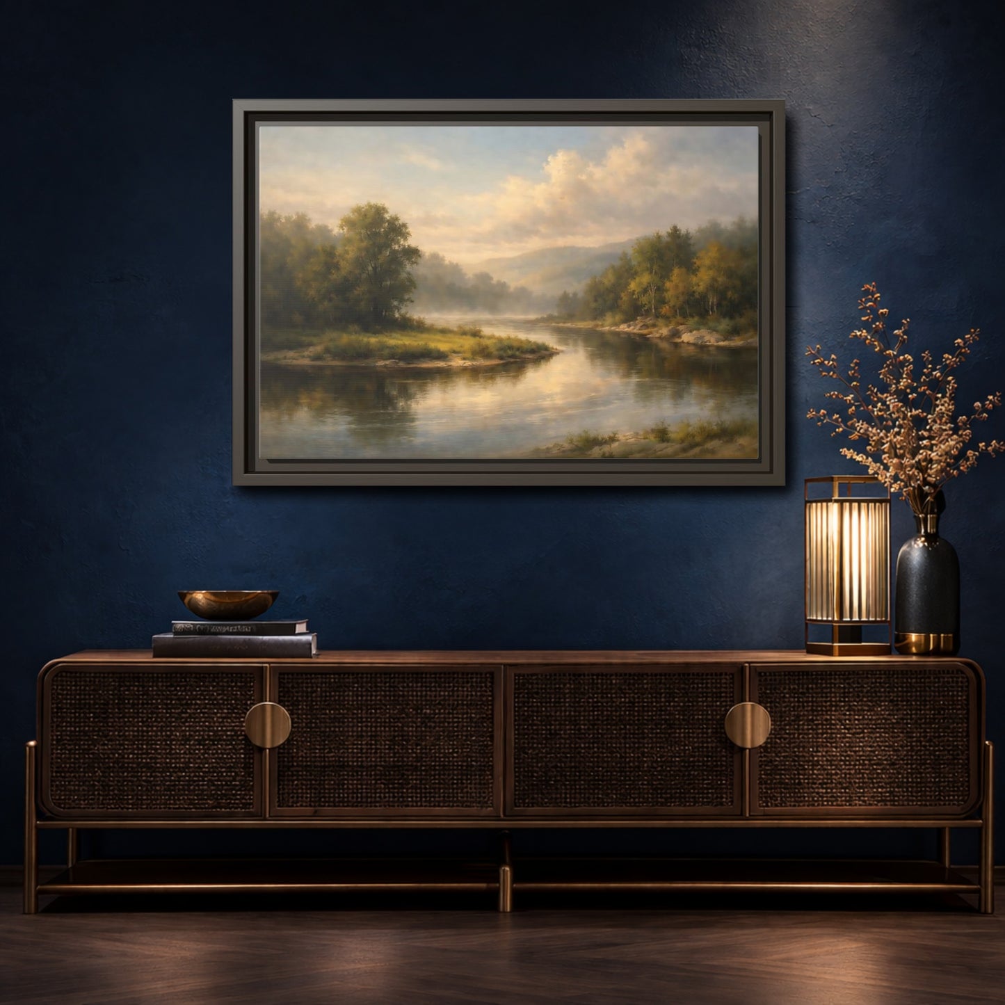 Mockup 4. Nature River Landscape Misty River shown as stretched canvas wall art