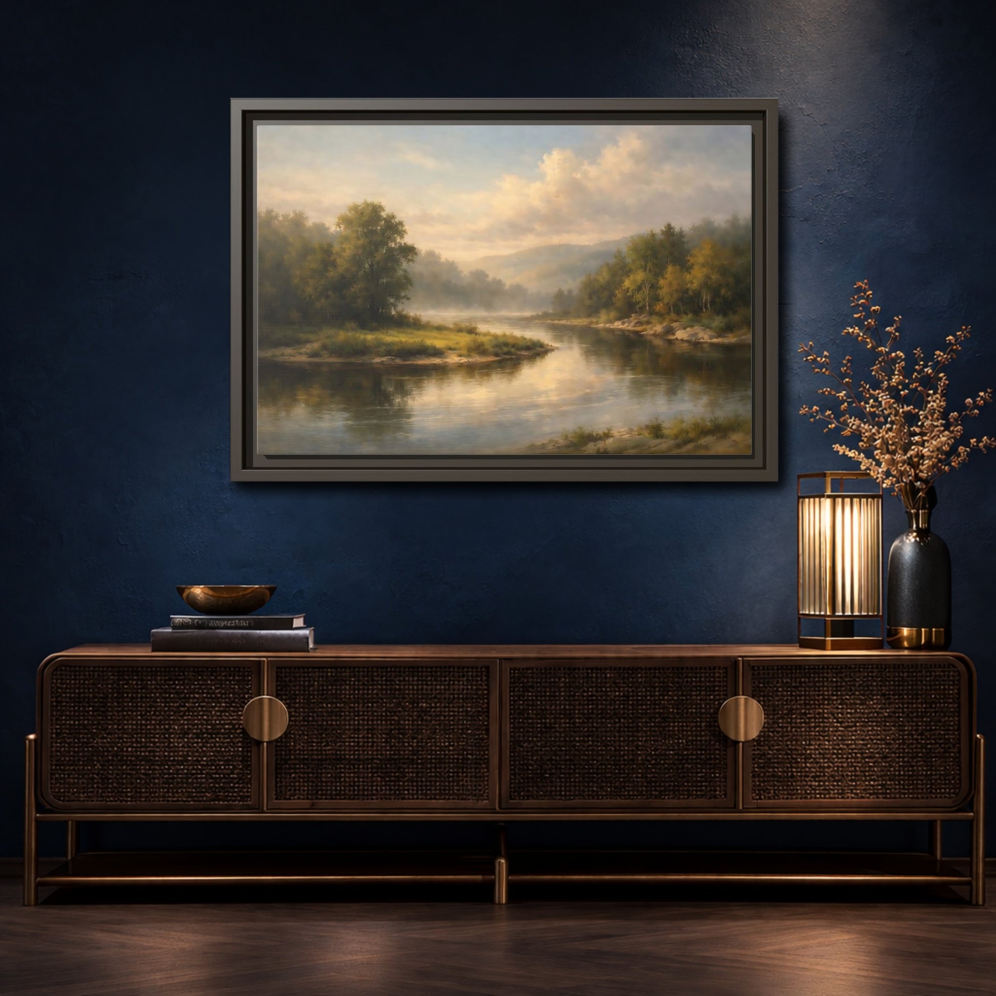 Mockup 4. Nature River Landscape Misty River shown as stretched canvas wall art