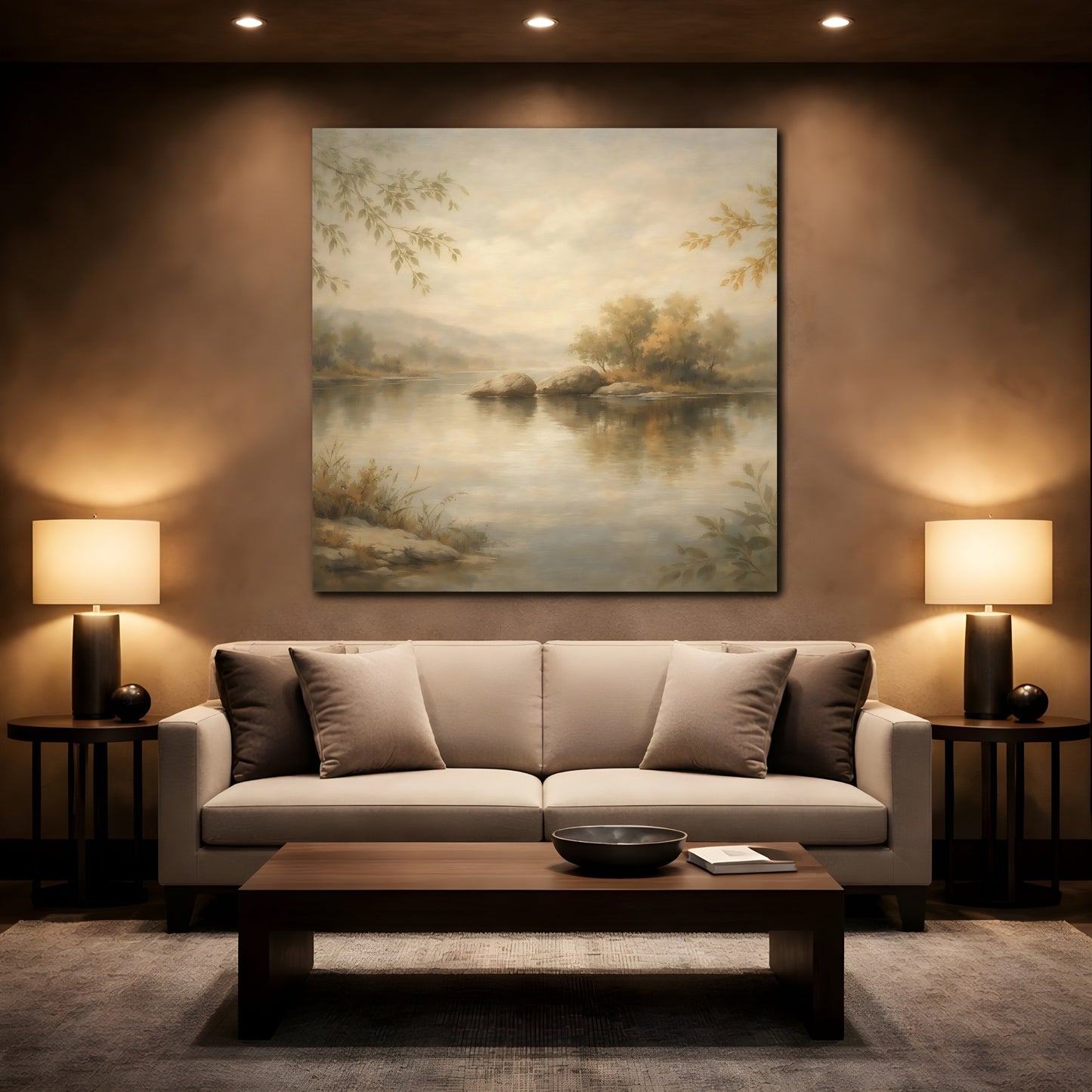 Mockup 2. Nature River Landscape Muted Landscape shown as stretched canvas wall art