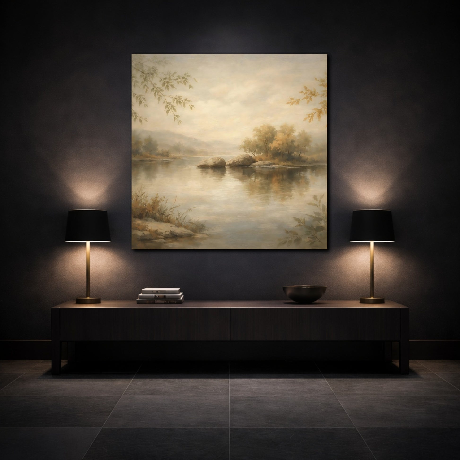 Mockup 3. Nature River Landscape Muted Landscape shown as stretched canvas wall art