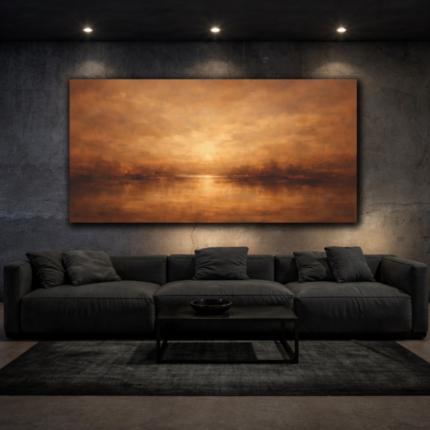 Mockup 2. Nature River Landscape Orange And Brown Landscape shown as stretched canvas wall art