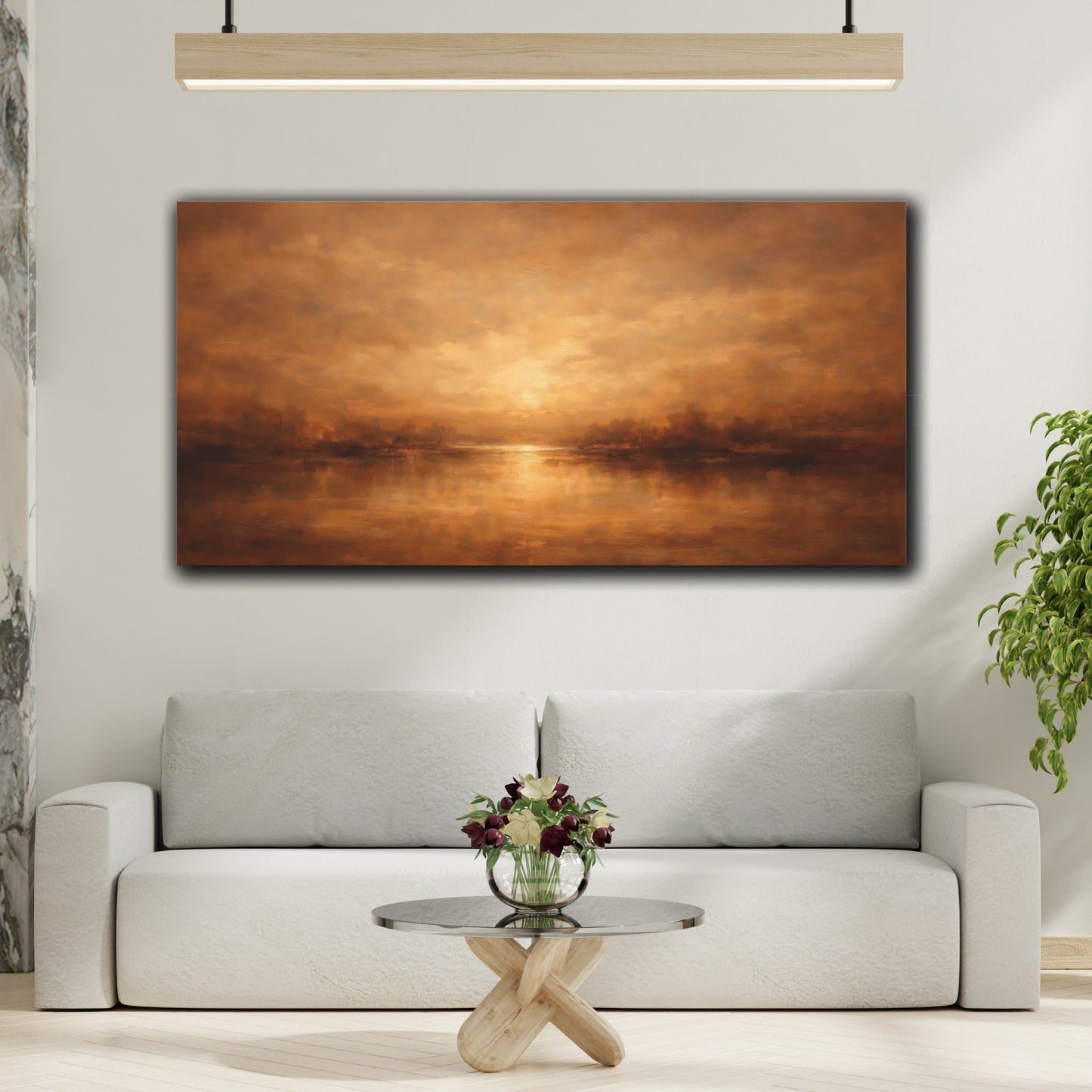 Mockup 3. Nature River Landscape Orange And Brown Landscape shown as stretched canvas wall art