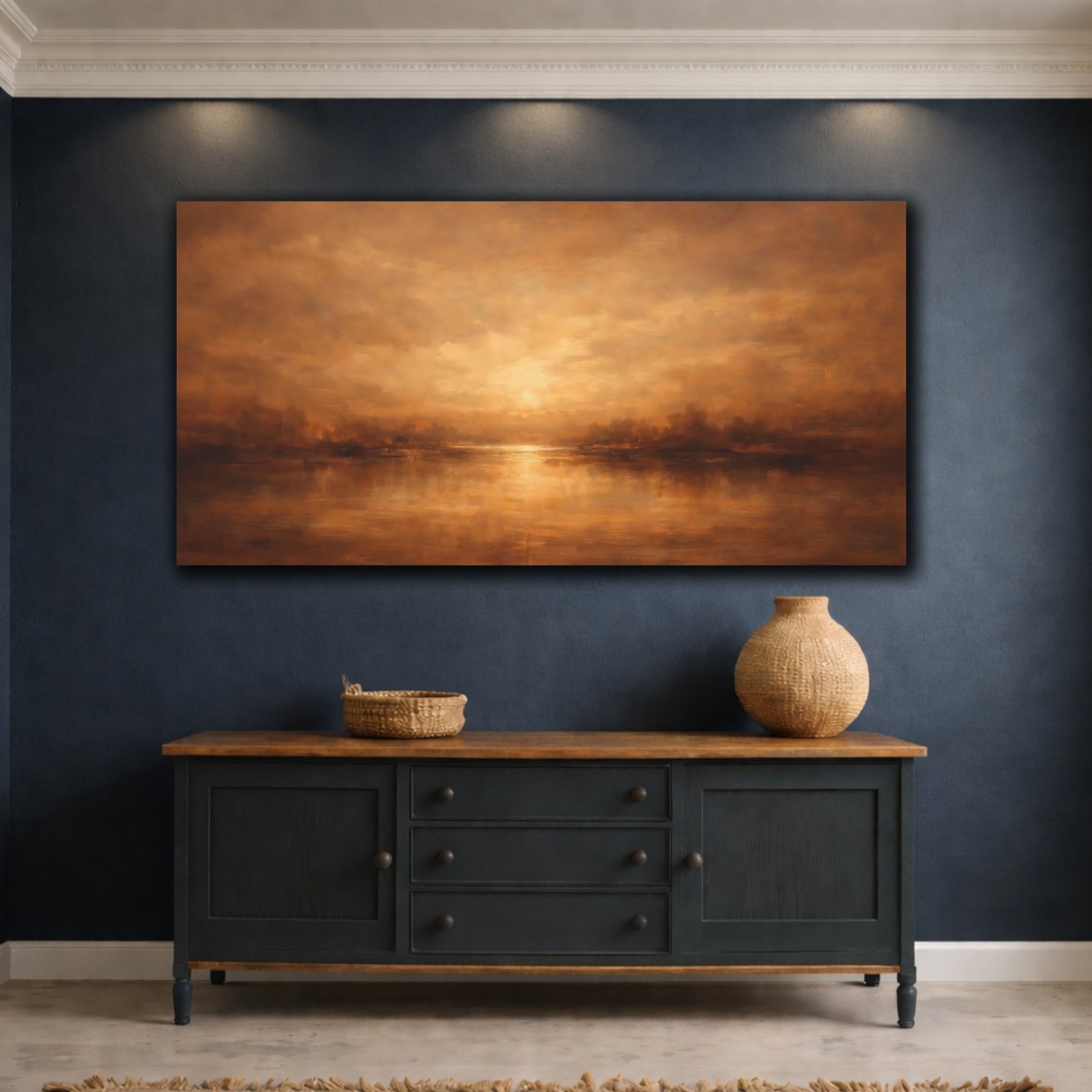 Mockup 4. Nature River Landscape Orange And Brown Landscape shown as stretched canvas wall art