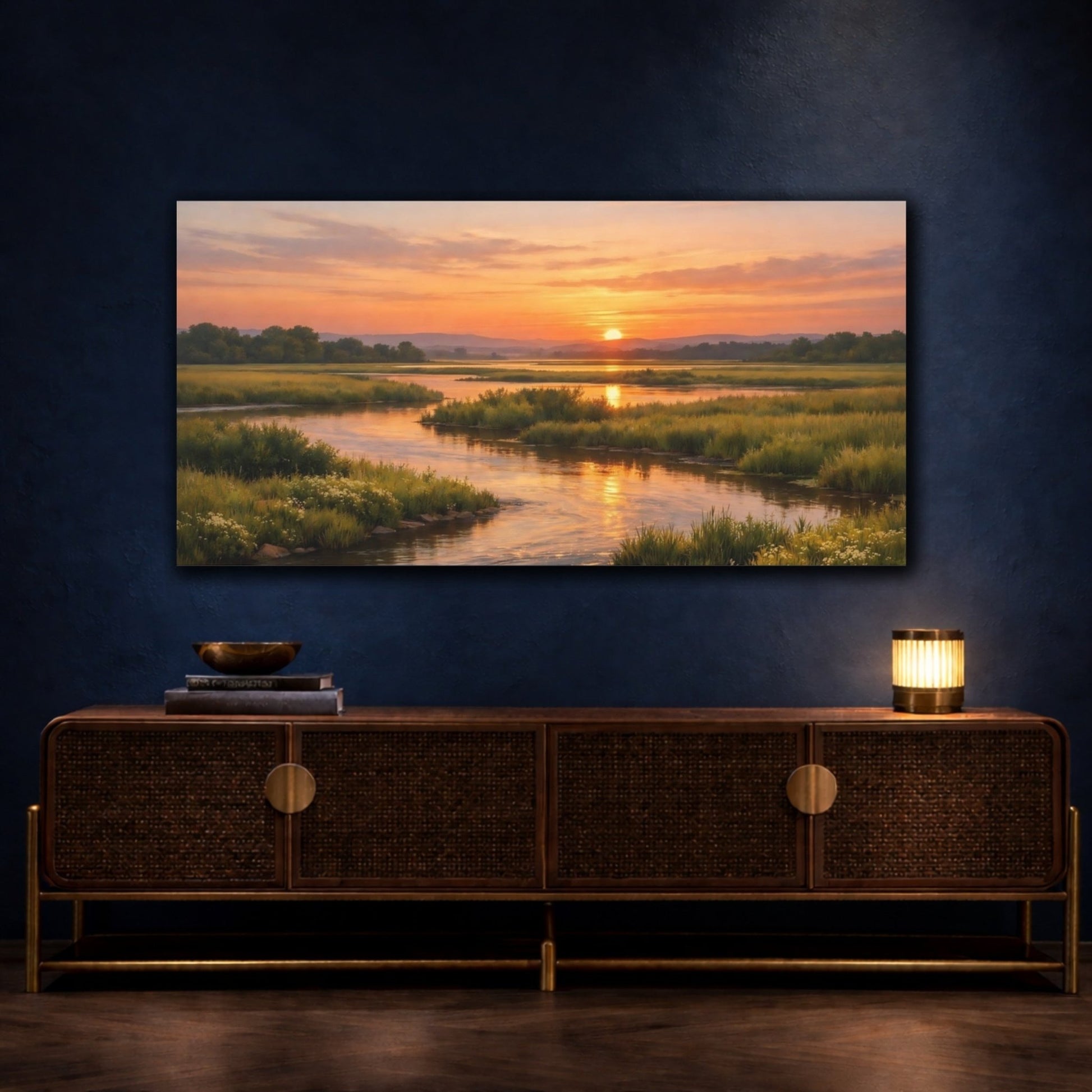 Nature River Marsh Orange Green Landscape - Canvas Wall Art Print - YesArtYes