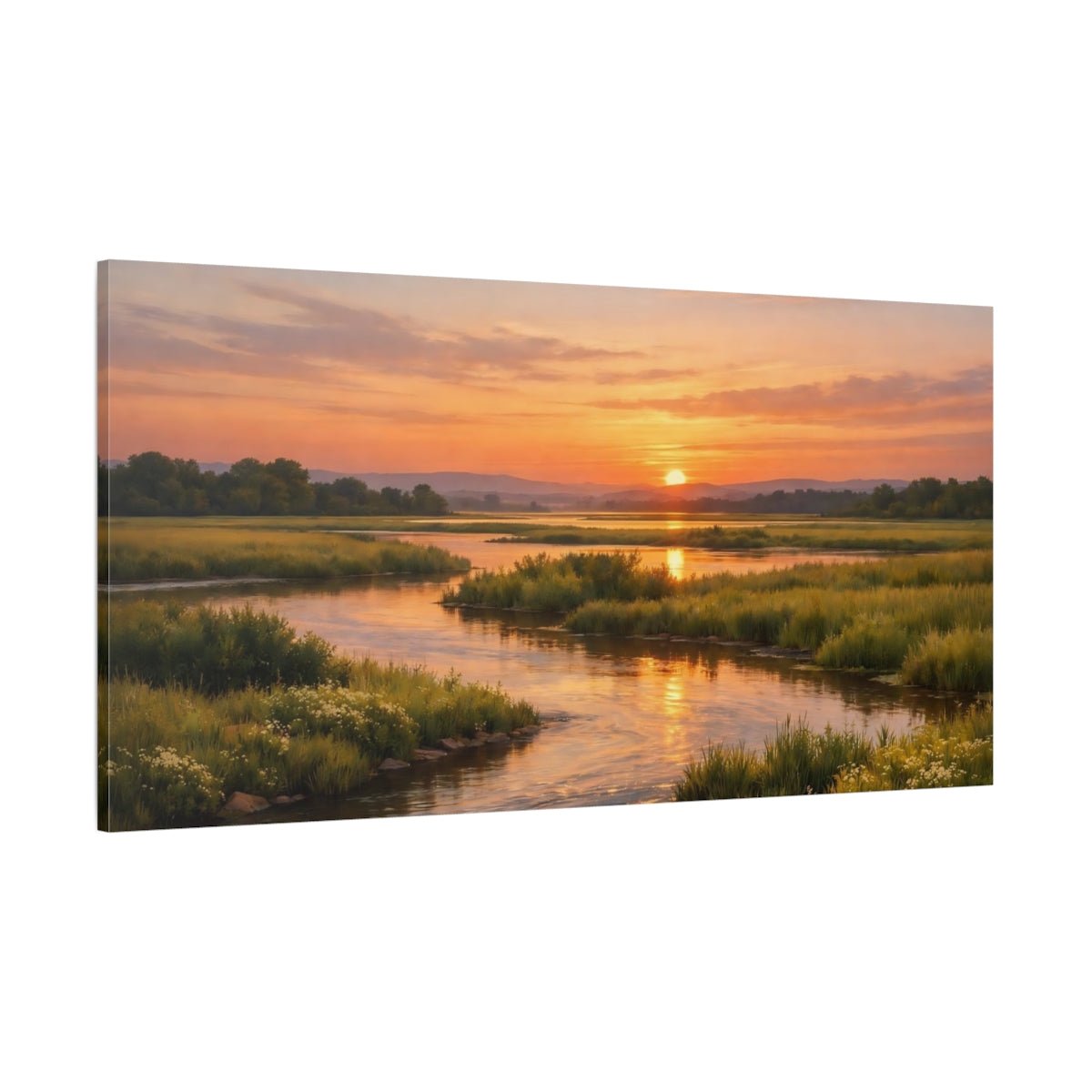 Nature River Marsh Orange Green Landscape - Canvas Wall Art Print - YesArtYes