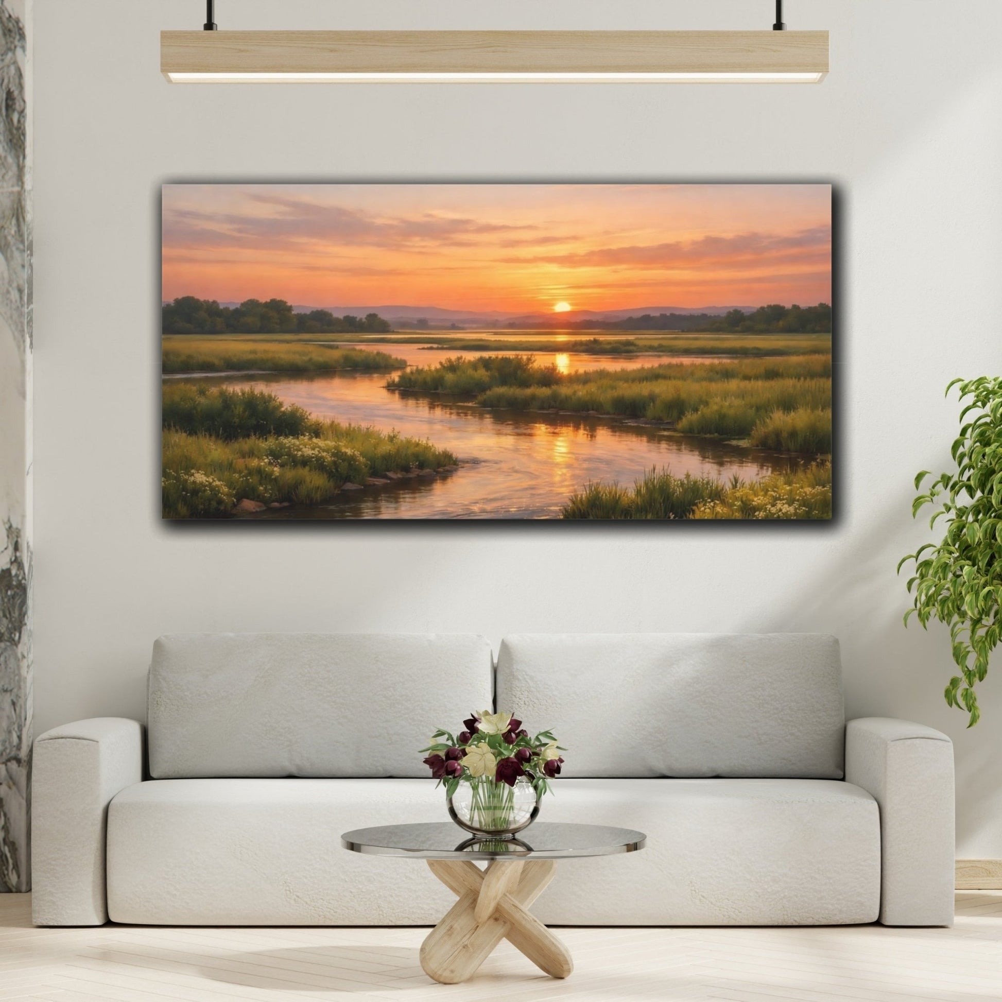 Nature River Marsh Orange Green Landscape - Canvas Wall Art Print - YesArtYes