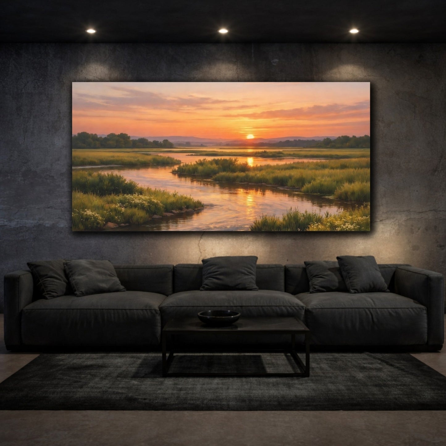 Nature River Marsh Orange Green Landscape - Canvas Wall Art Print - YesArtYes
