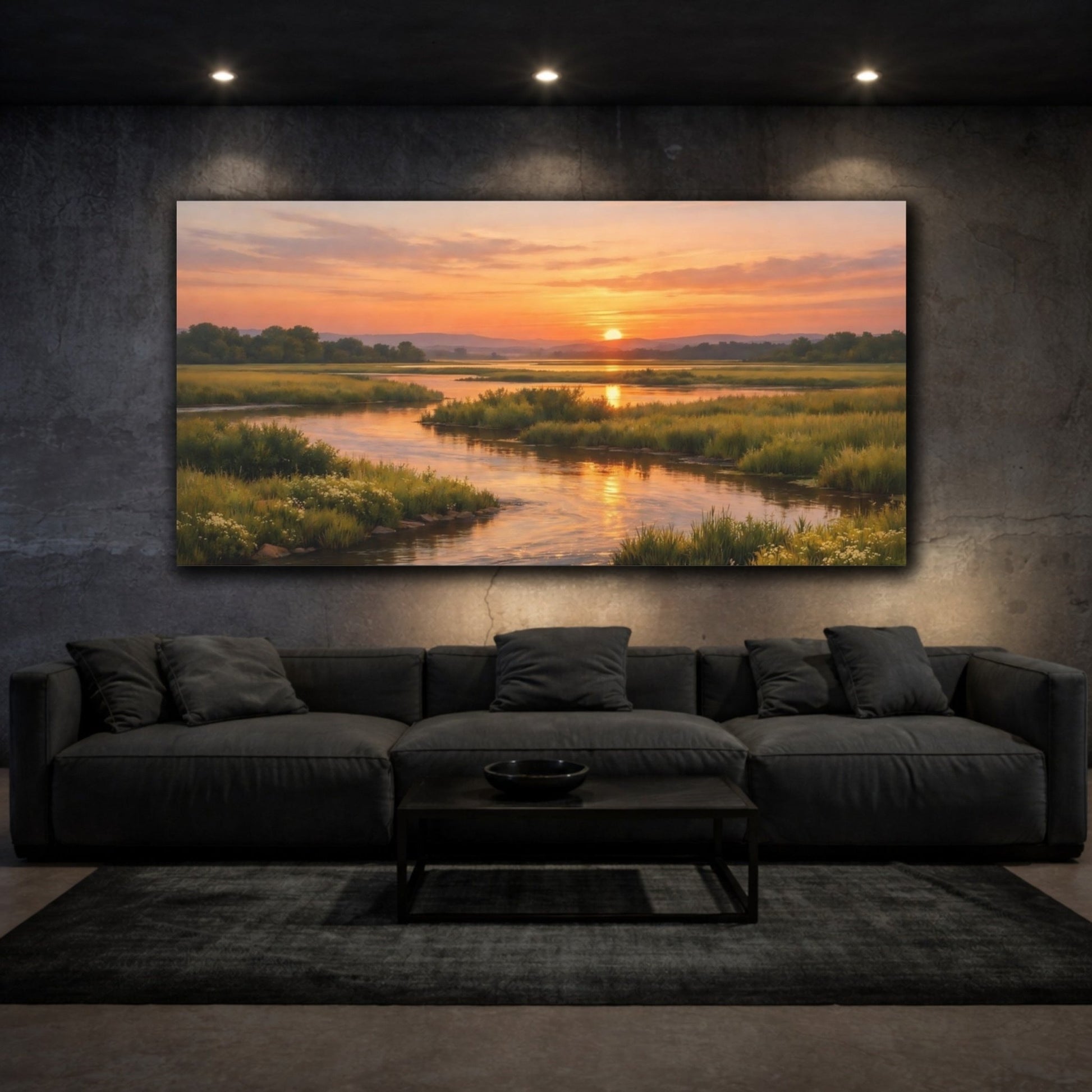 Nature River Marsh Orange Green Landscape - Canvas Wall Art Print - YesArtYes