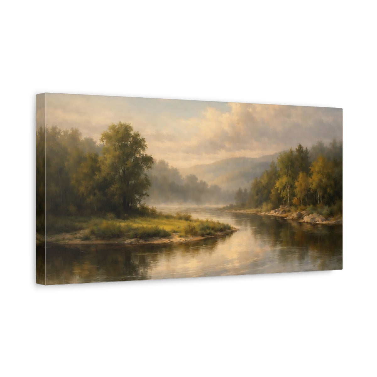 Side Mockup 3. Nature River Misty River Landscape shown as stretched canvas wall art