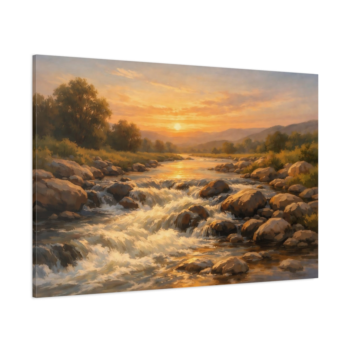 Side Mockup 1. Nature River Rapids Sunset River shown as stretched canvas wall art