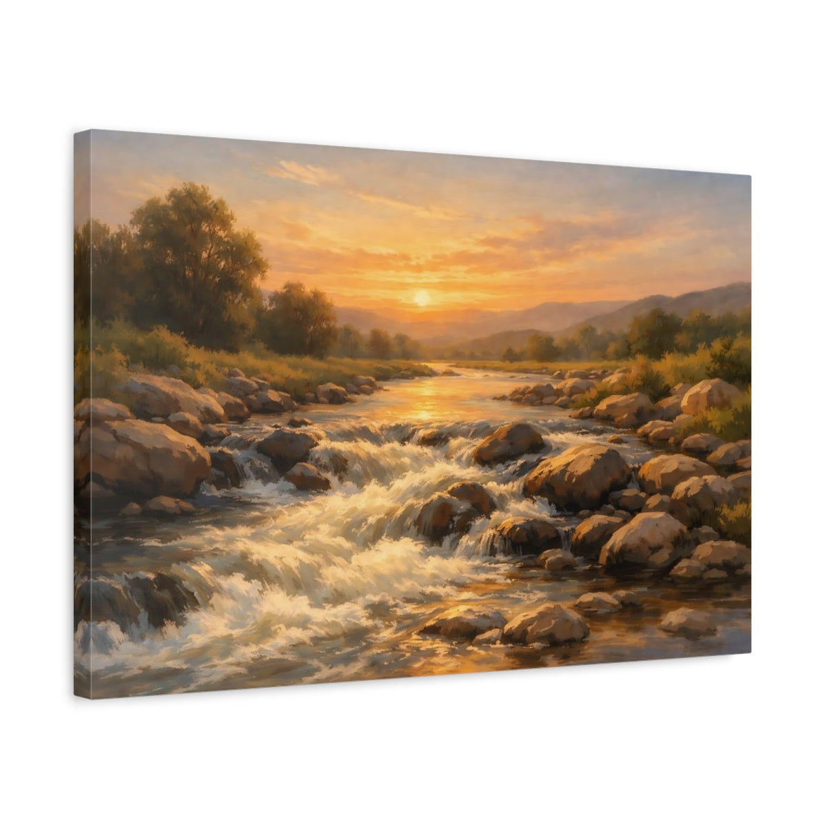 Side Mockup 3. Nature River Rapids Sunset River shown as stretched canvas wall art