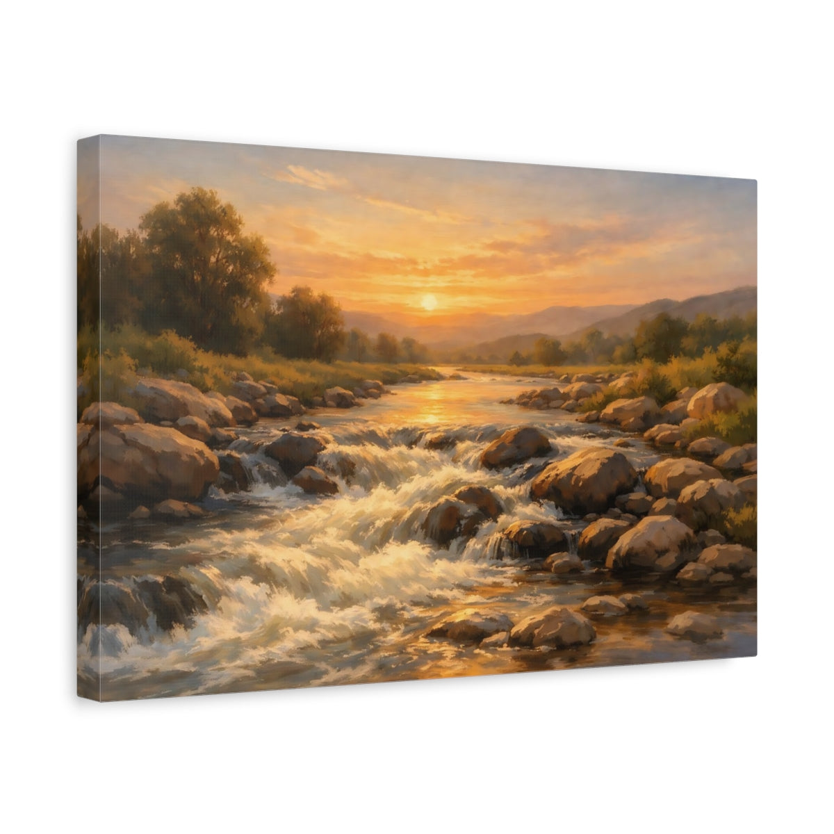 Side Mockup 4. Nature River Rapids Sunset River shown as stretched canvas wall art