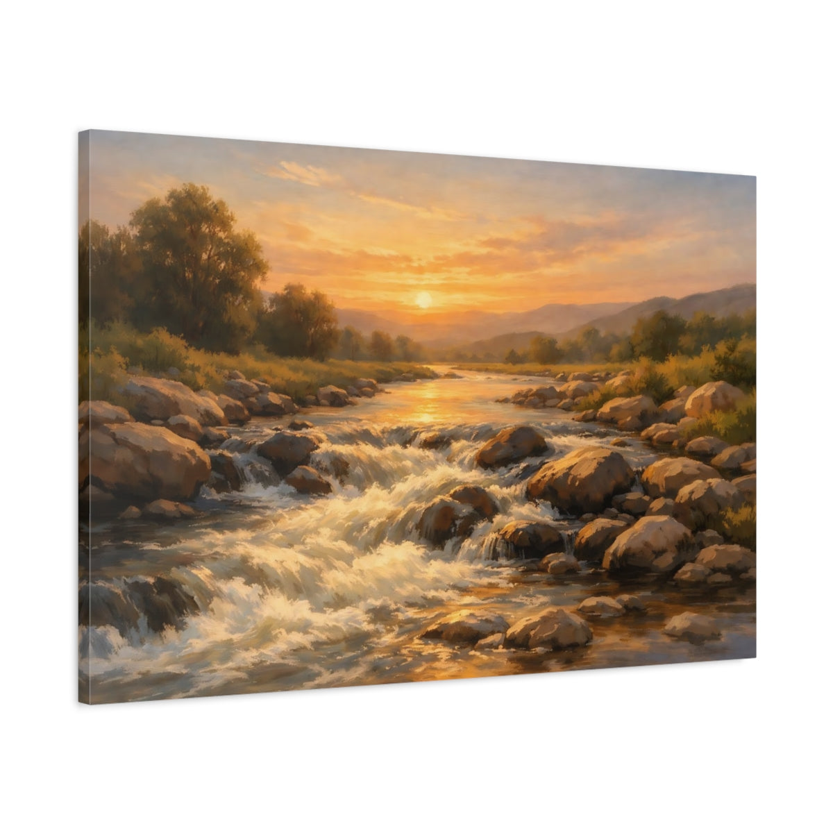 Main Mockup. Nature River Rapids Sunset River shown as stretched canvas wall art