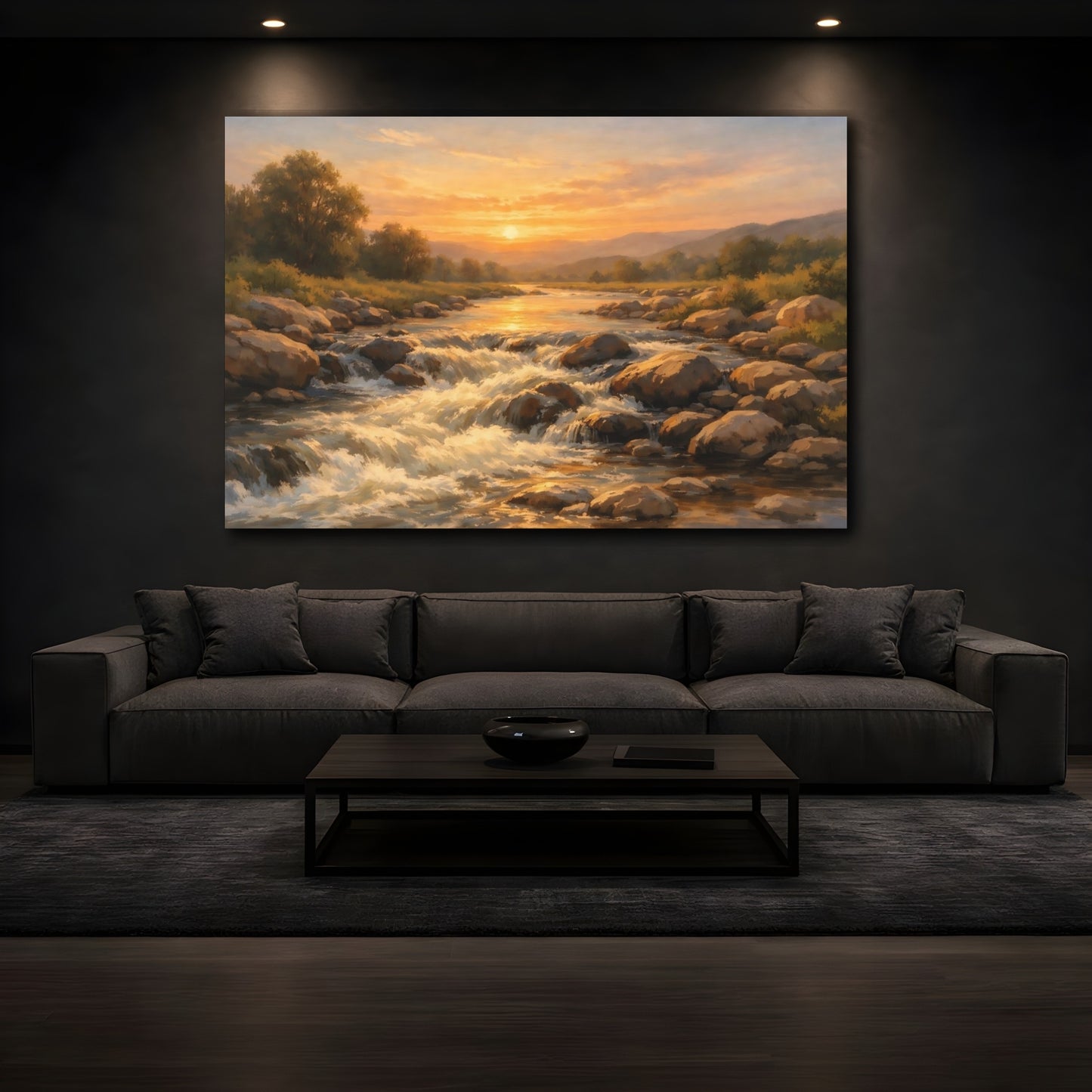 Mockup 2. Nature River Rapids Sunset River shown as stretched canvas wall art